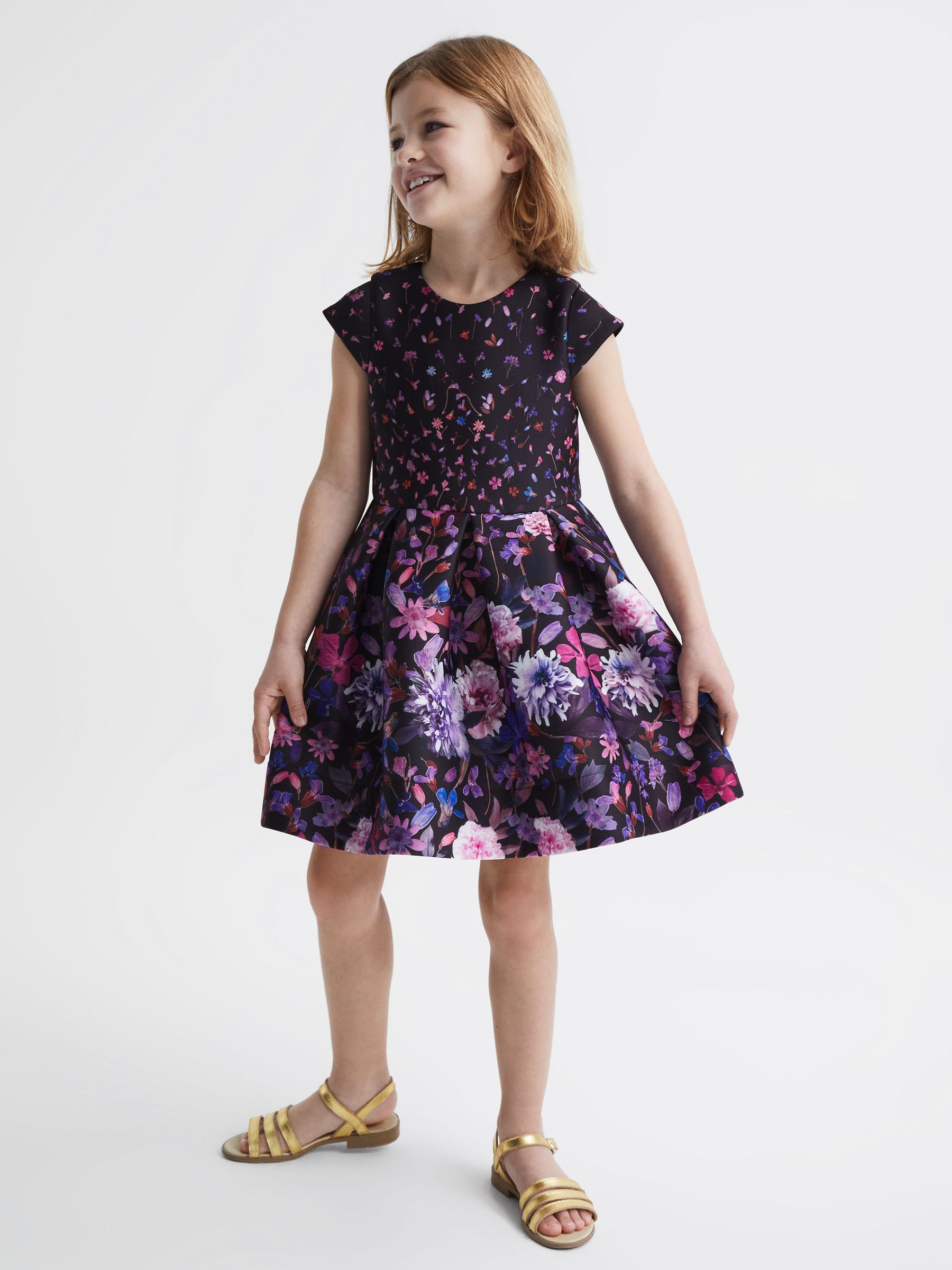 9-12 yrs Scuba Floral Printed Dress in Purple (D43728) | £25