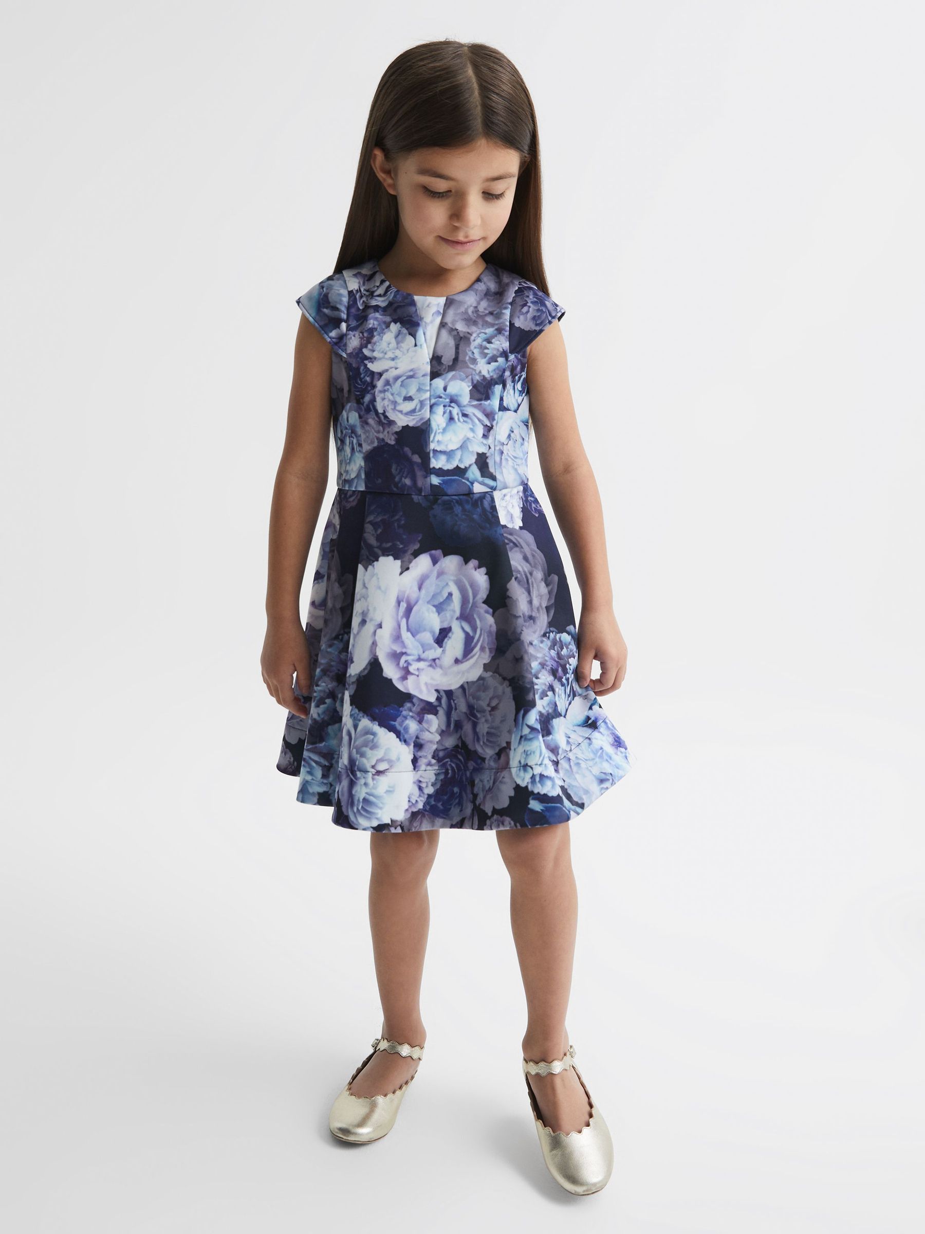 4-9 yrs Floral Printed Scuba Dress in Blue (D51059) | £25