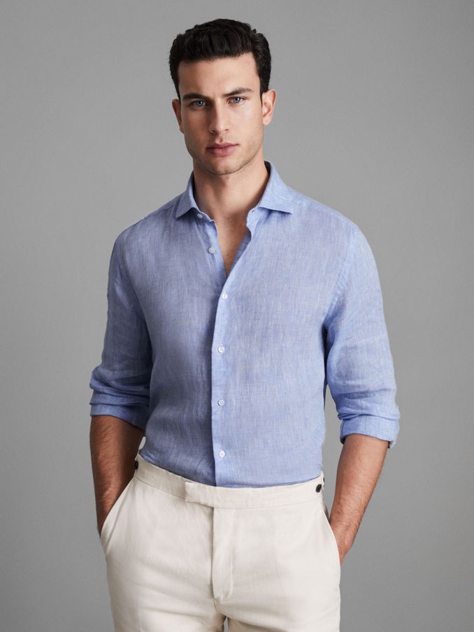 Linen Button-Through Shirt in Soft Blue (D55825) | £50