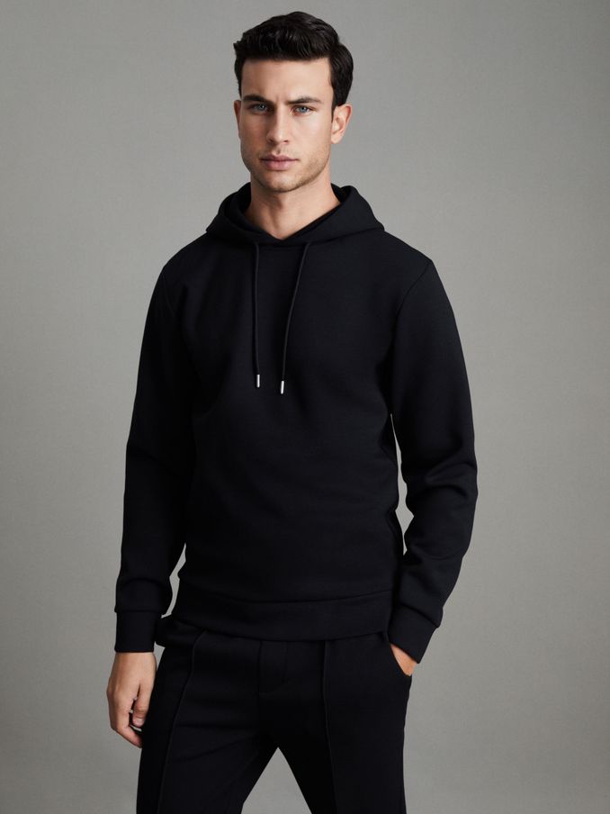 Plain Interlock Jersey Drawstring Hoodie in Navy (D58018) | £118