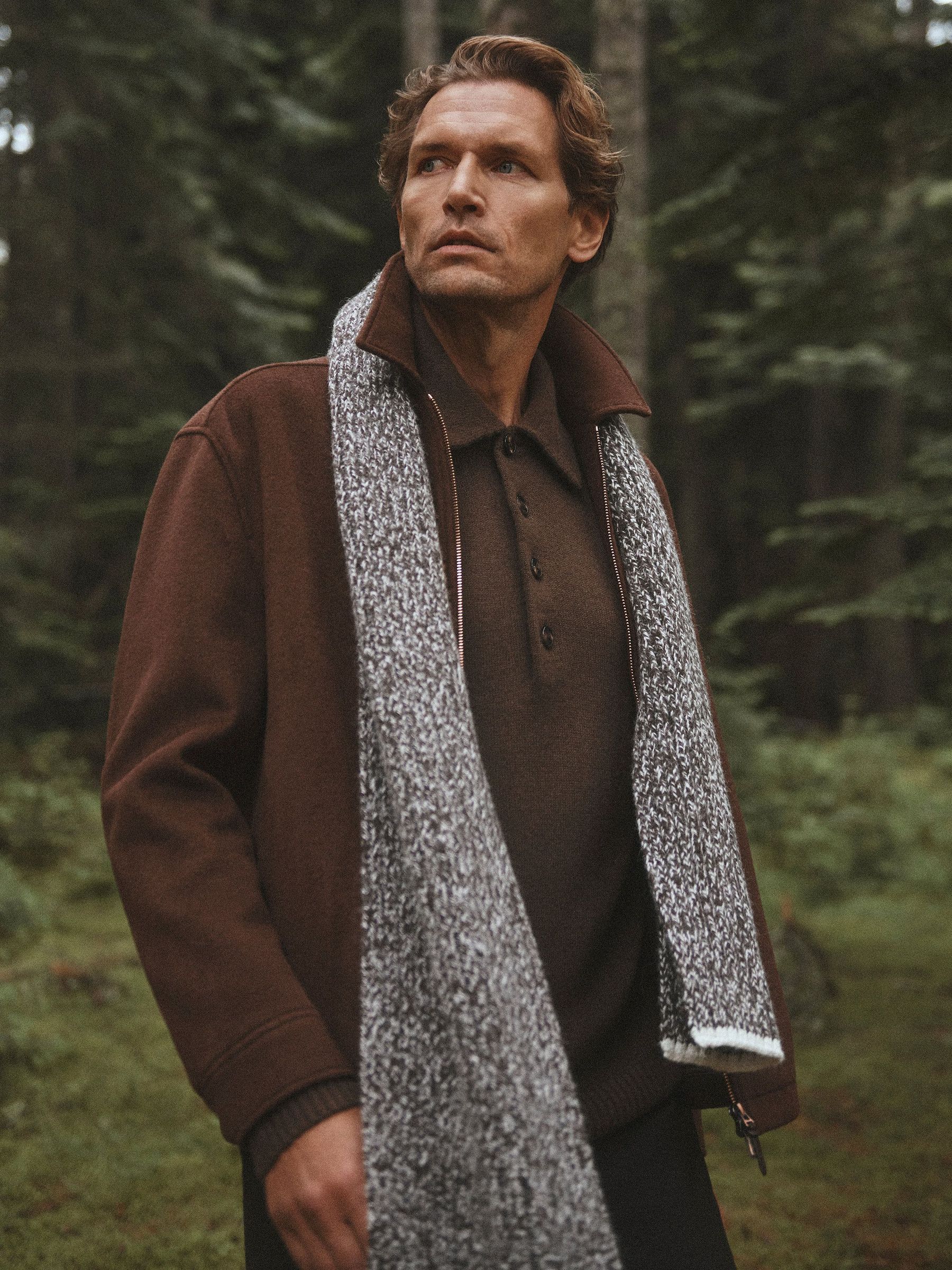 Chocolate Brown/White - Regular Wool-blend Mélange Rib-knit Scarf