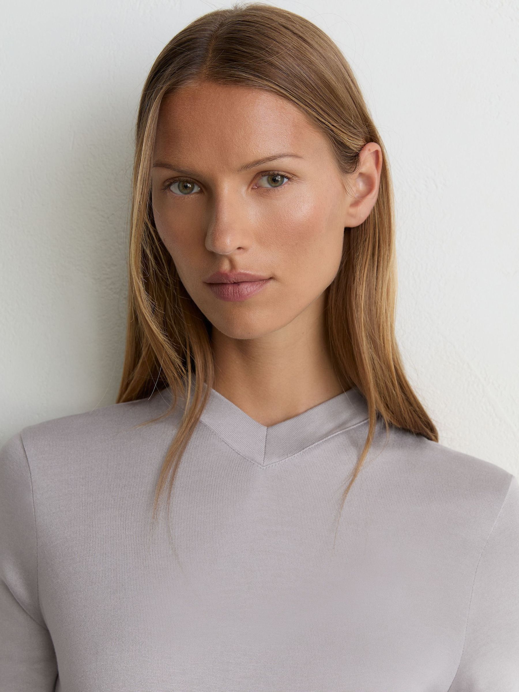 Light Grey - High V-neck Long-sleeve Top