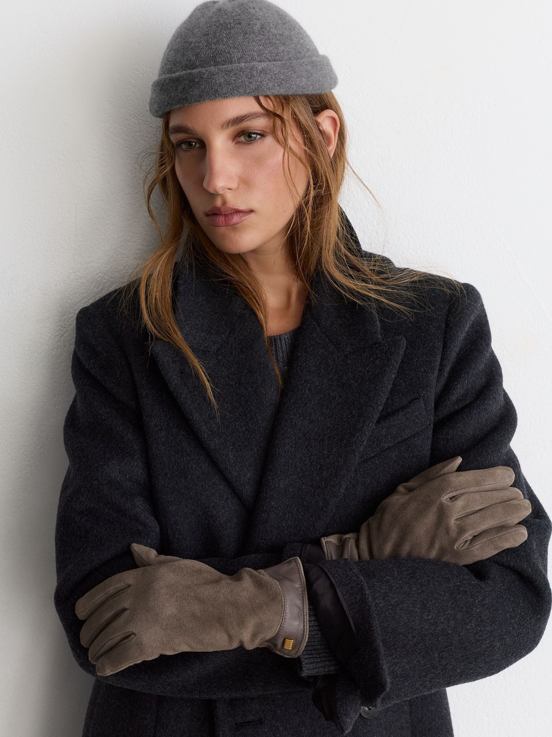 Grey - Suede Leather-trim Gloves