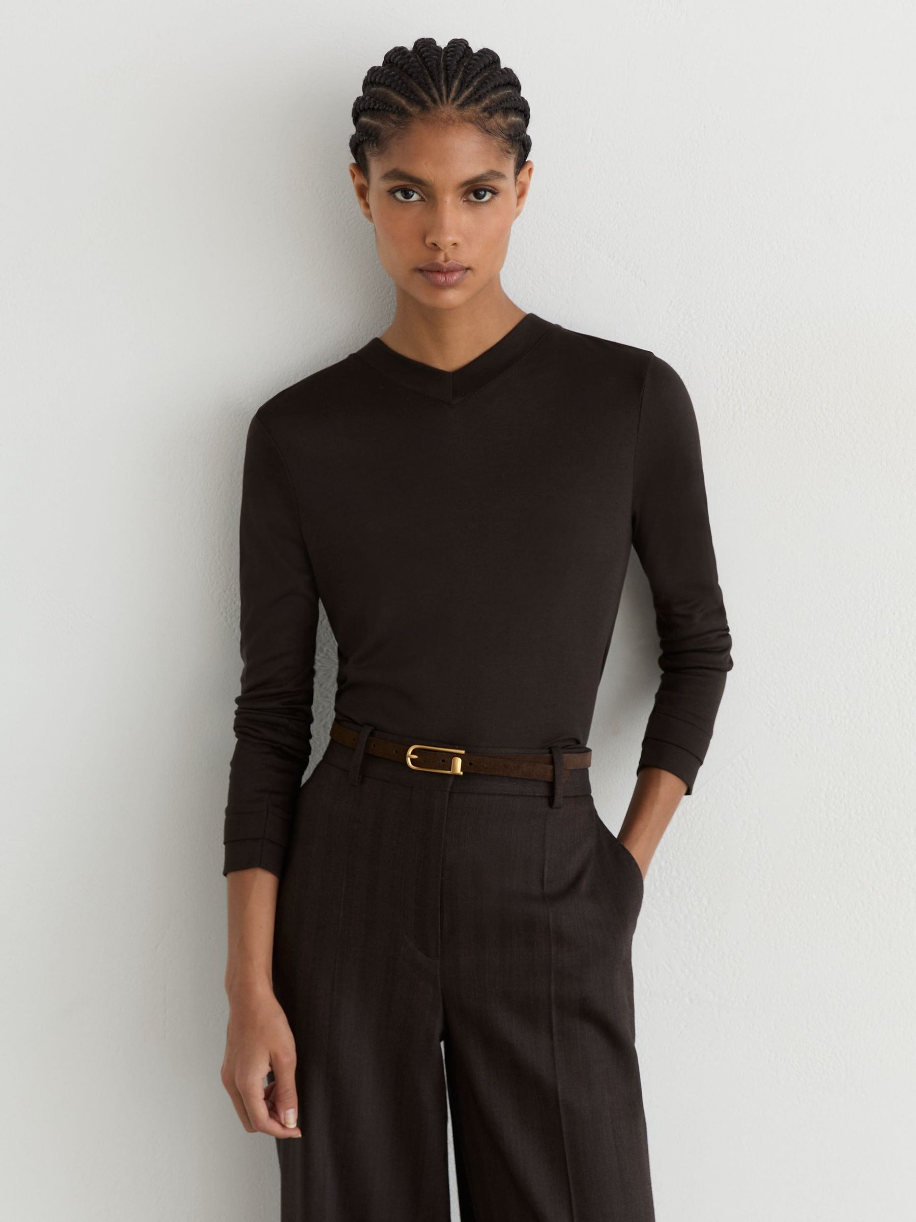 Chocolate Brown - High V-neck Long-sleeve Top