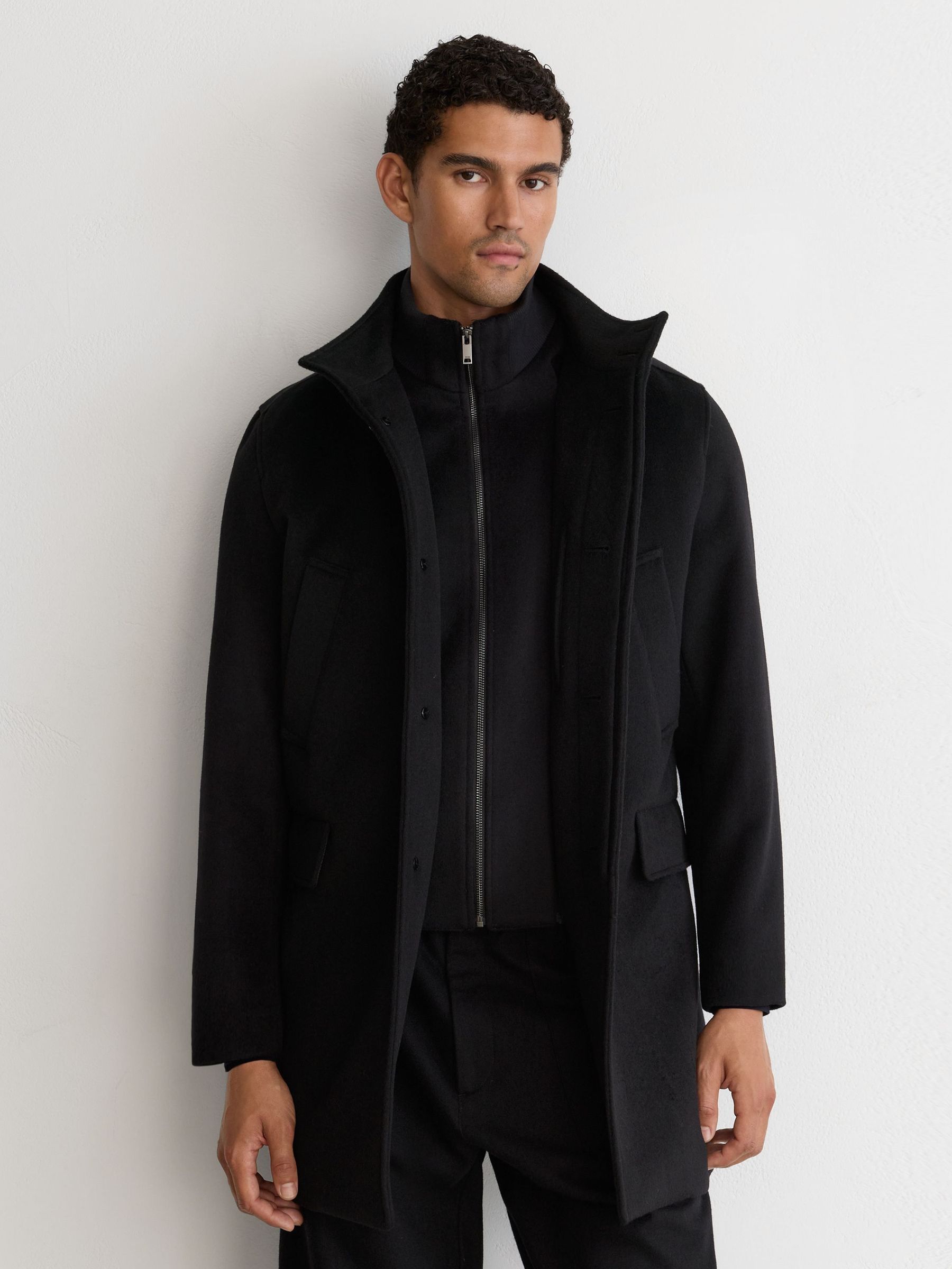 Black - Regular Wool-blend Gilet-insert Single-breasted Coat