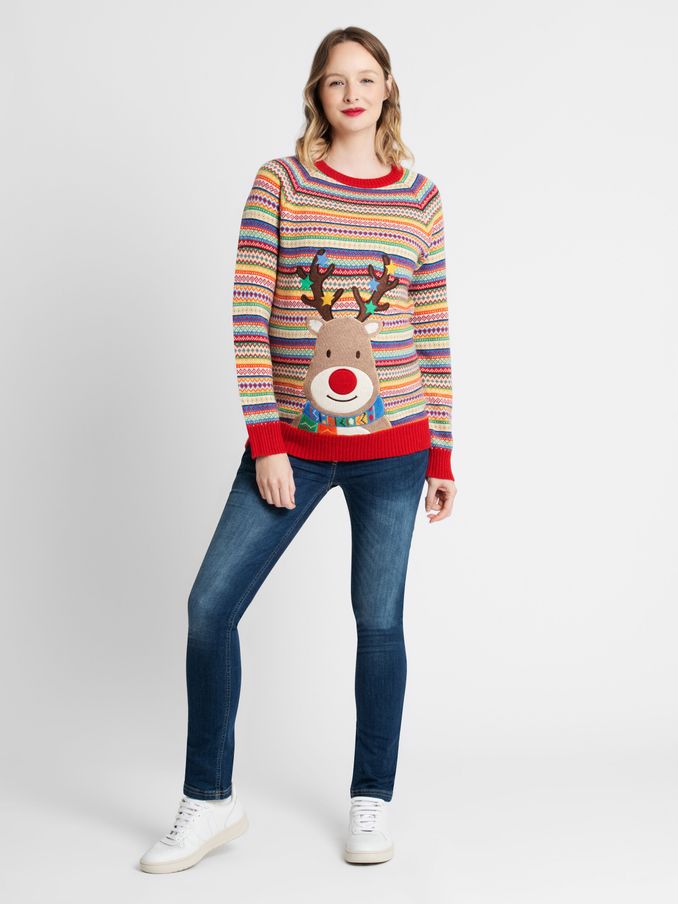 Multi - Womens Reindeer Appliqué Fair Isle Pattern Jumper