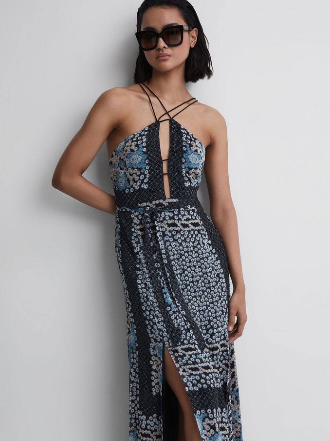 Floral Print Fitted Midi Dress in Navy/Blue (D68981) | £68