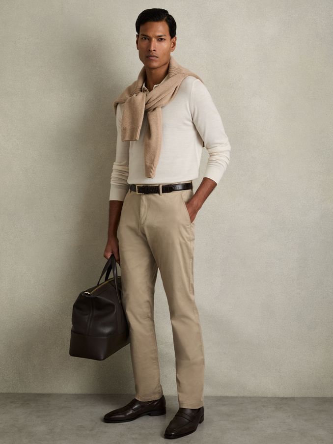 Slim Fit Washed Cotton Blend Chinos in Stone (D74487) | £88