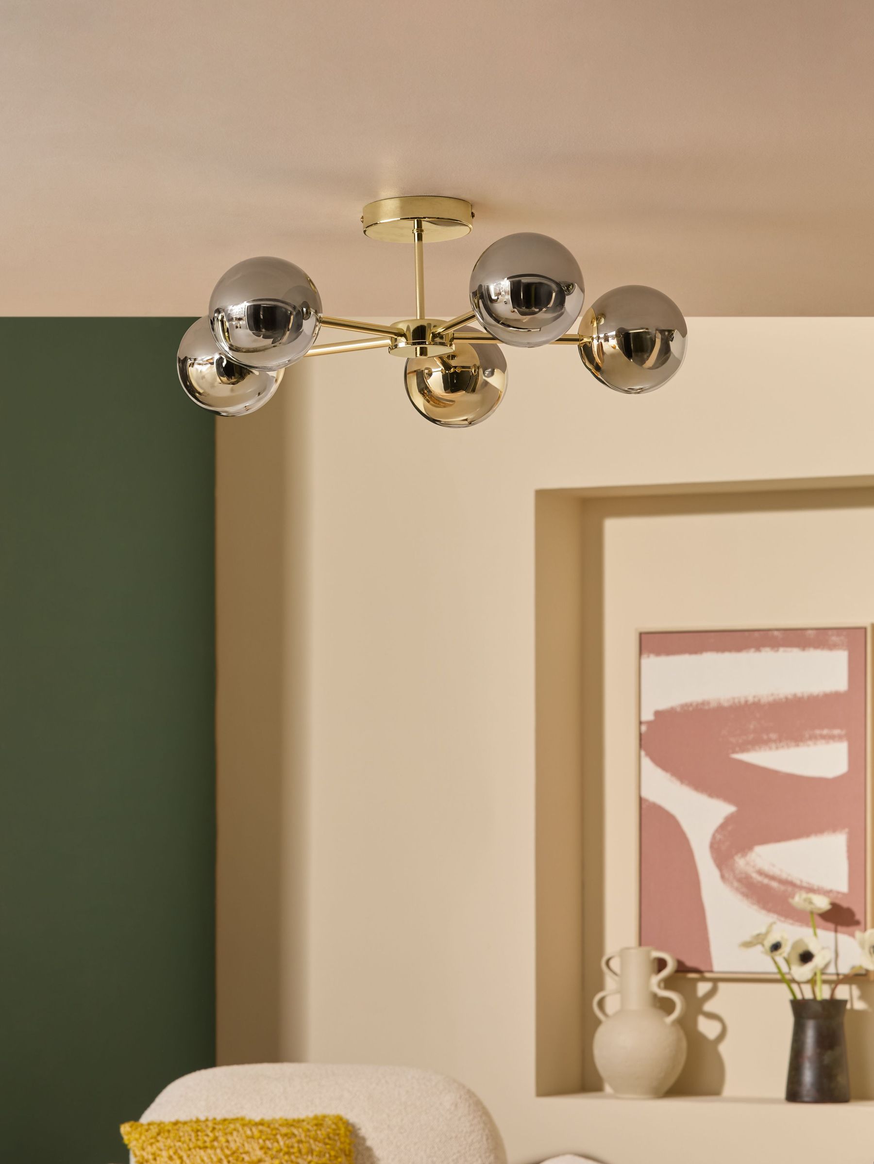 Globe 5 Light Flush Ceiling Light in Brass/Smoked Glass (D78397) | £139