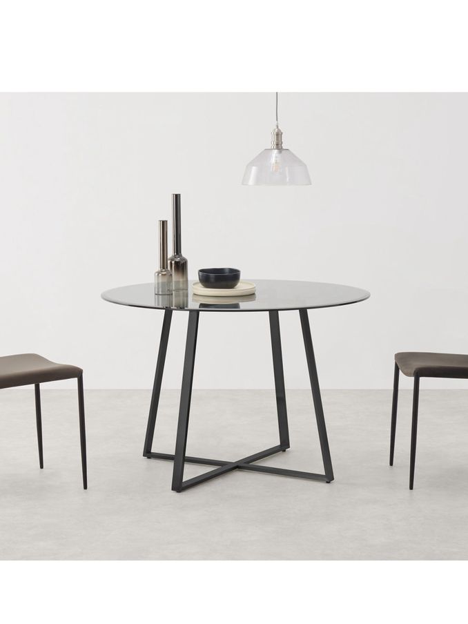 Haku 4 Seater Round Dining Table in Black & Smoked Glass (D87852) | £429