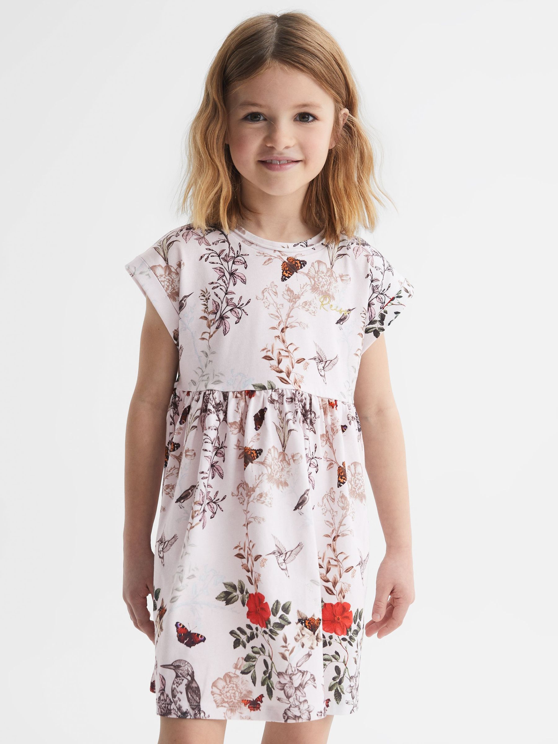 9-12 yrs Floral Print Jersey Dress in Pale Pink (D91333) | £15