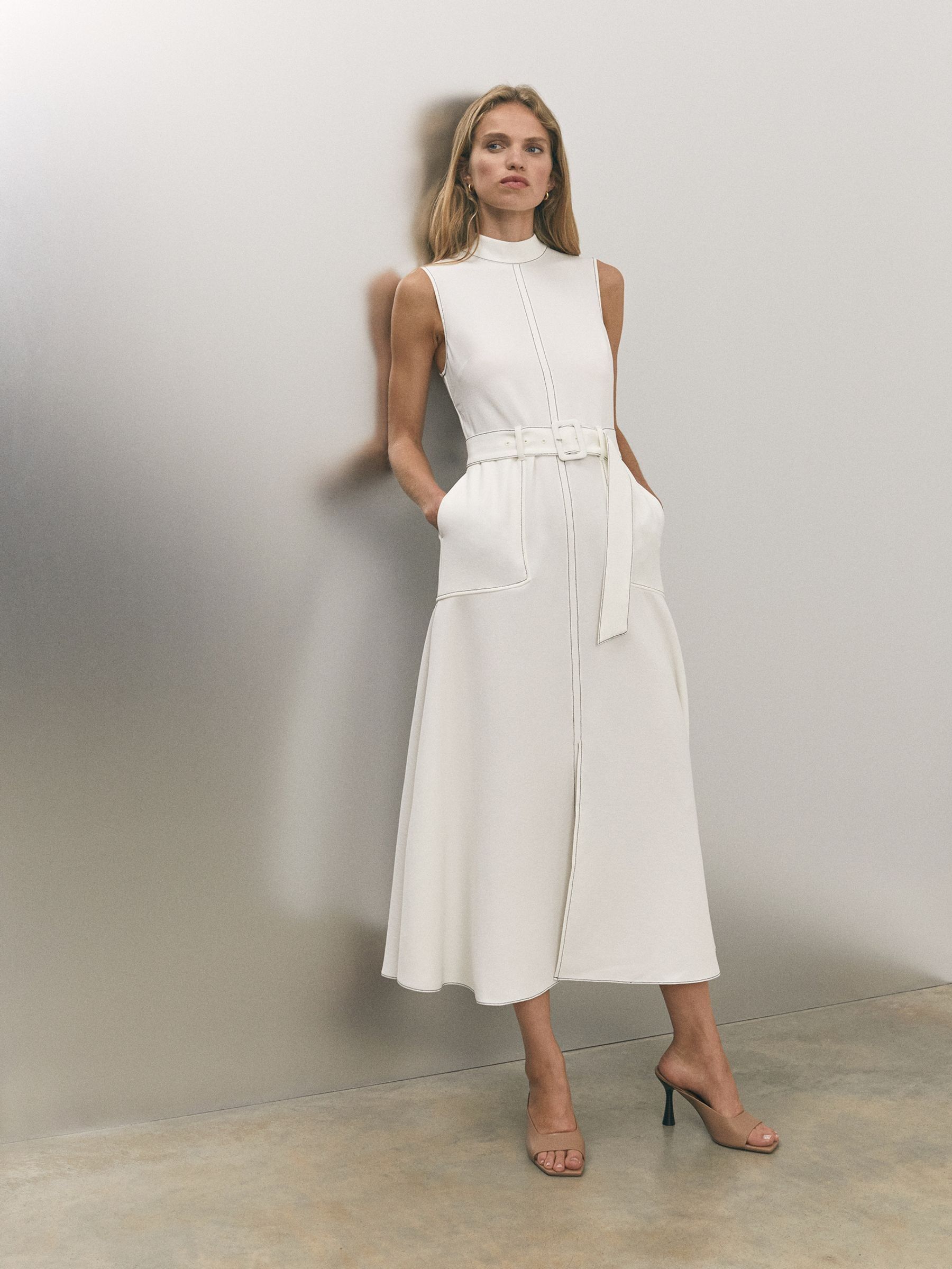 Thora Ivory Contrast Stitch Belted Midi Dress (E00679) | £124