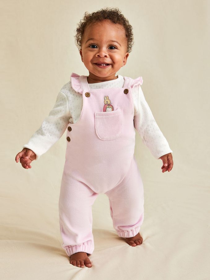 Pink Peter Rabbit Appliqué Velour Dungarees and Body Set (E00820) | £30