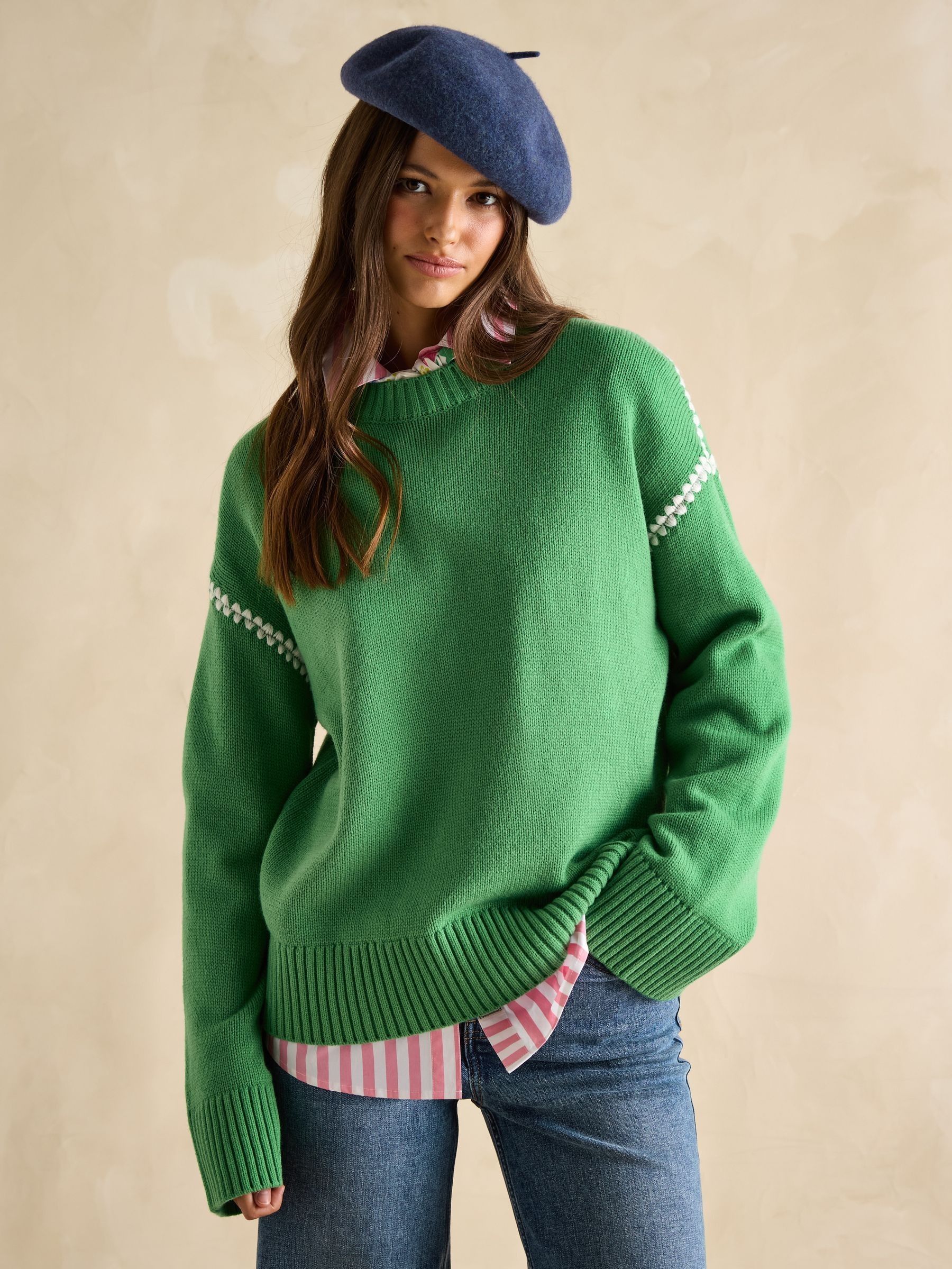 Alexandra Green Blanket Stitch Jumper (E00876) | £43