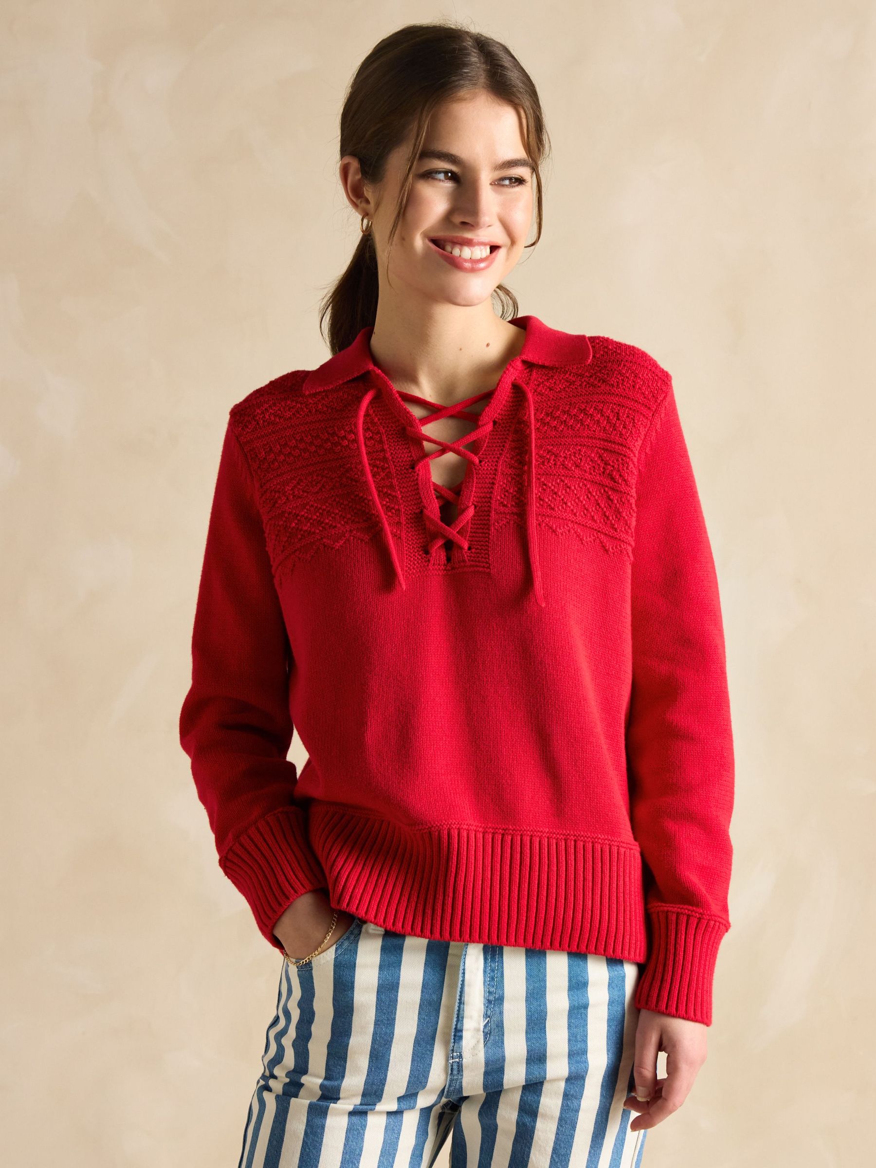 Annie Red Lace Up Collared Cotton Jumper (E00888) | £66