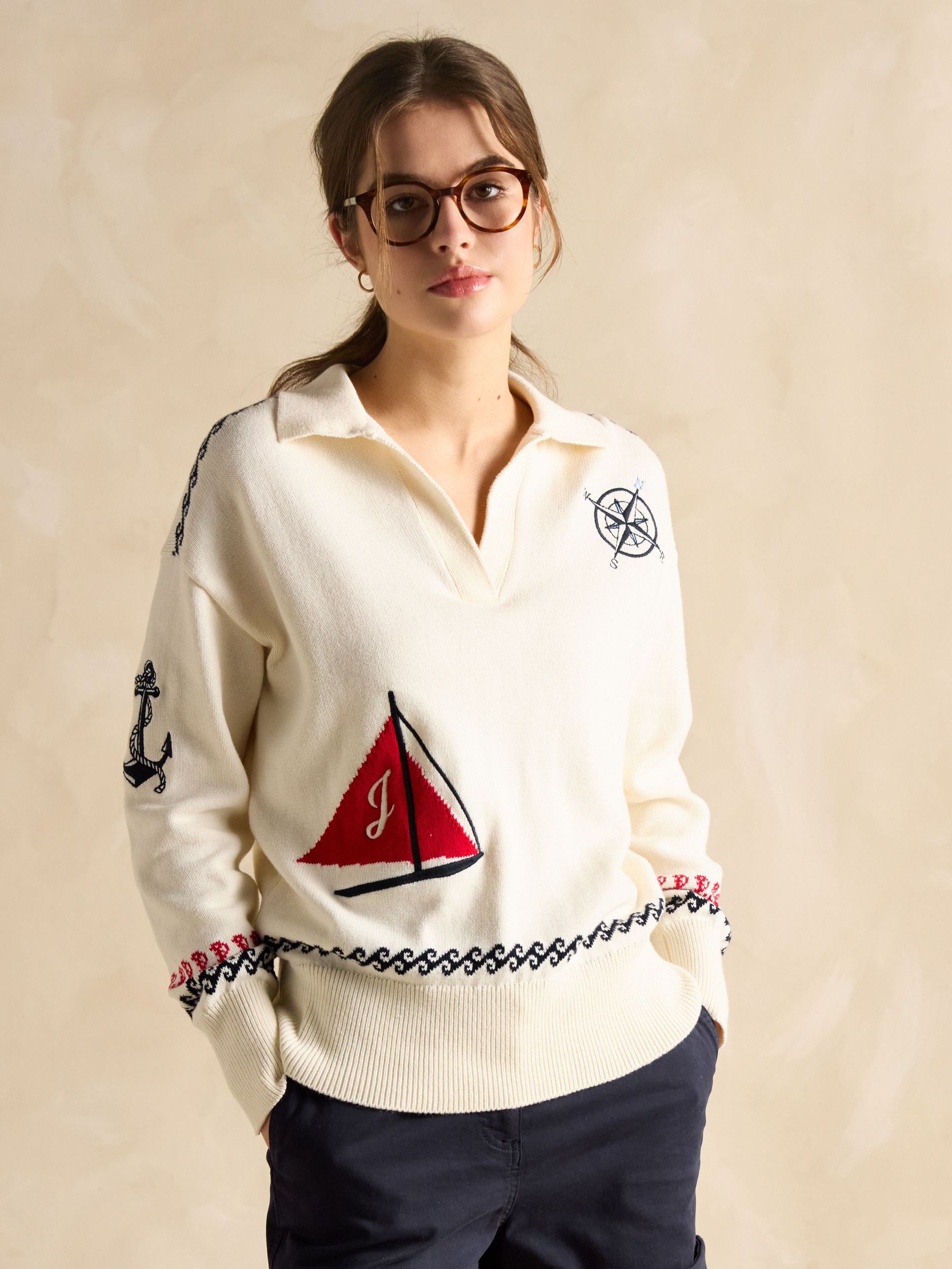 Sail Away Cream Cotton Embroidered Knitted Jumper (E00890) | £78