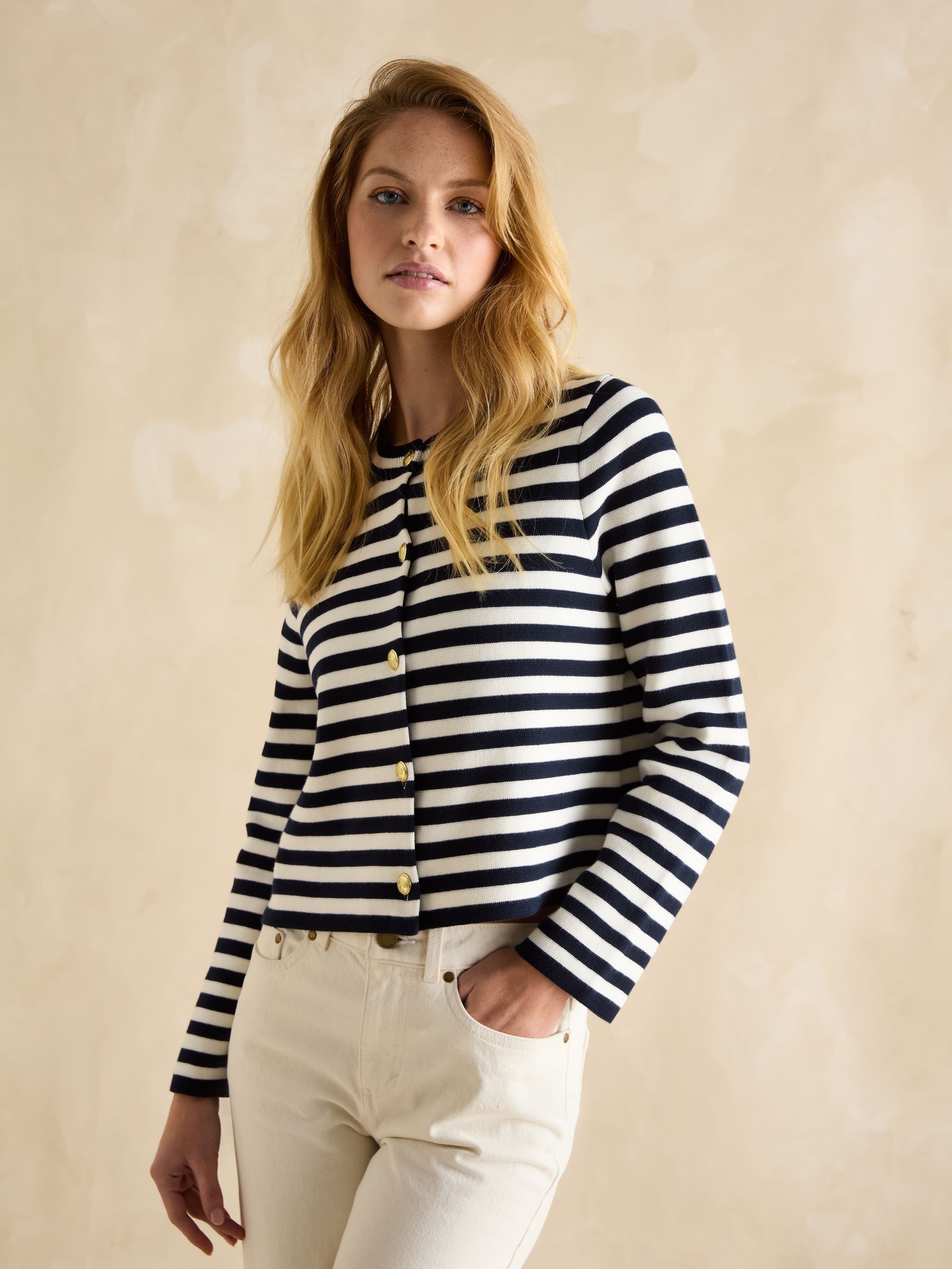 Catherine Navy/White Cotton Striped Cardigan (E00893) | £70