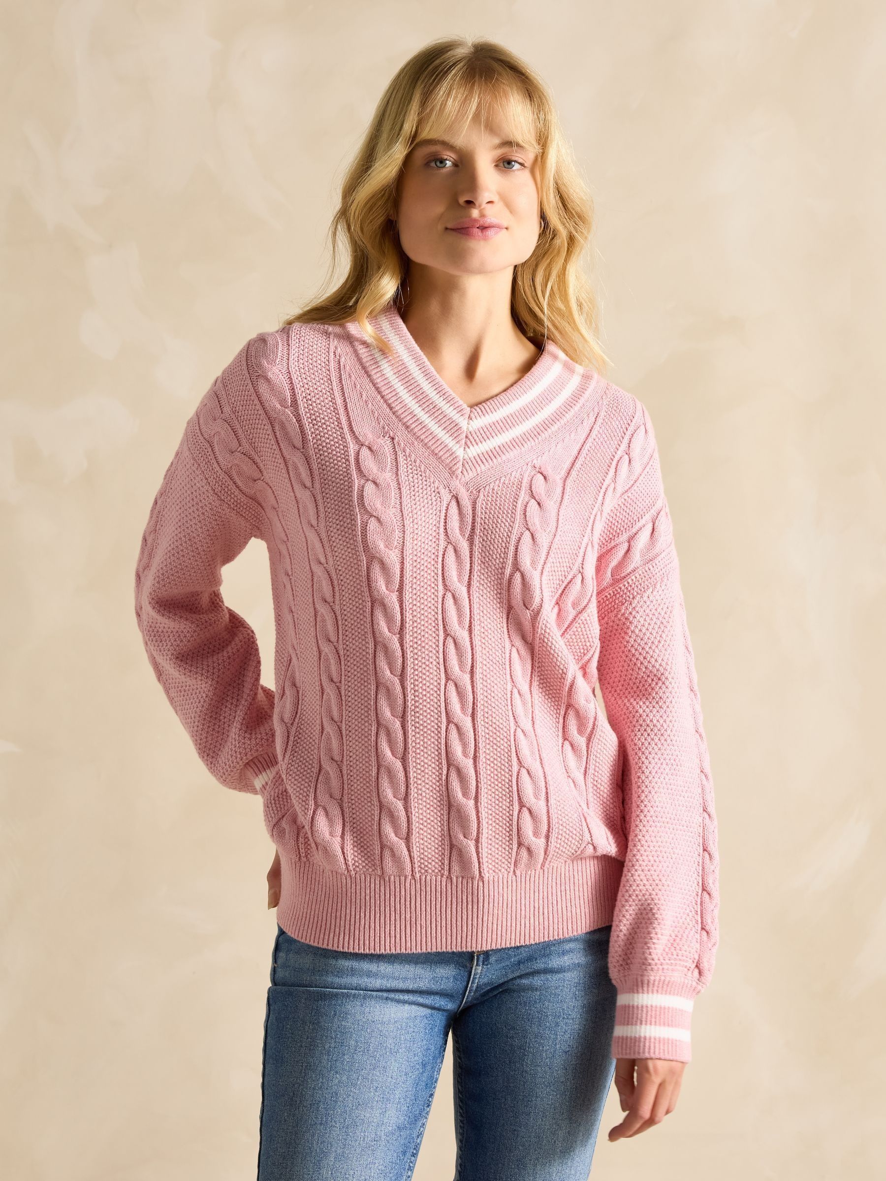 Dibbly Pink Cotton Cable Knit Cricket Jumper (E00901) | £65