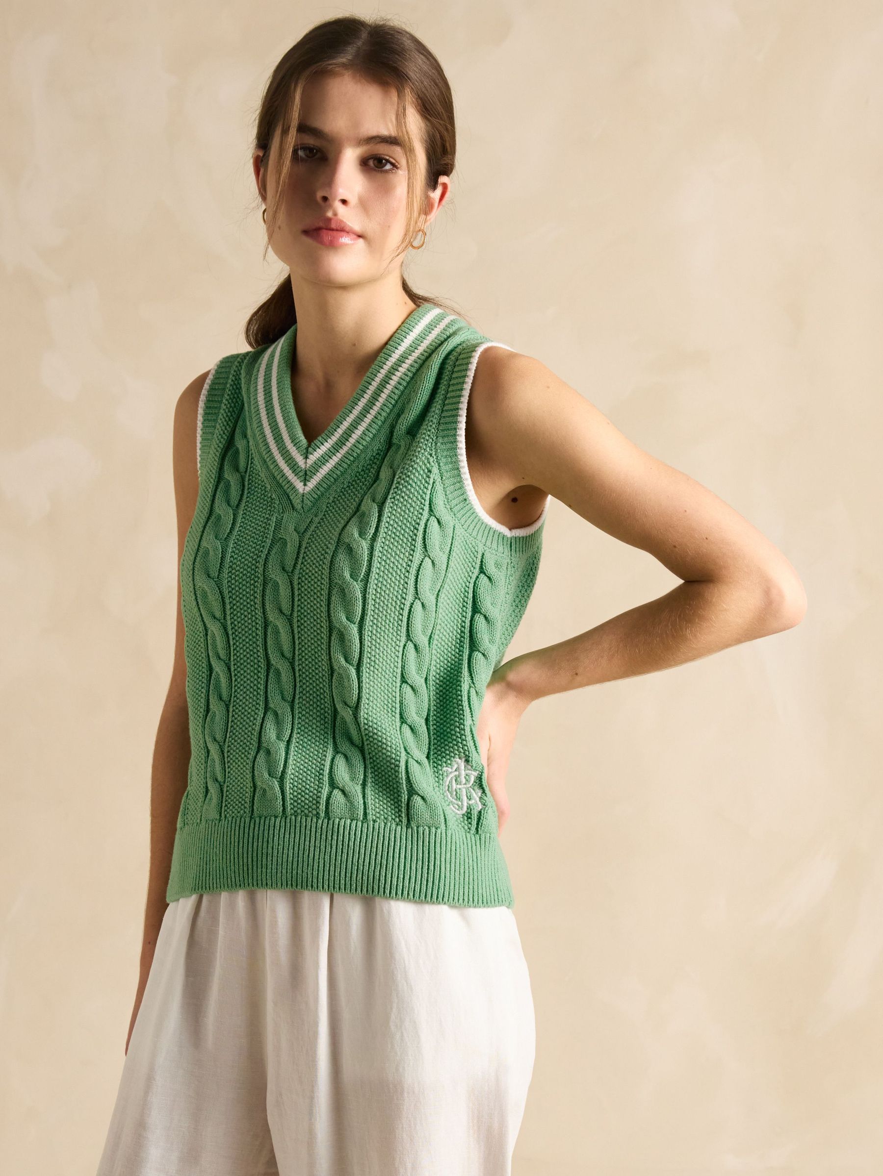 Deuce Green Cable Knitted Cotton Vest (E00905) | £50
