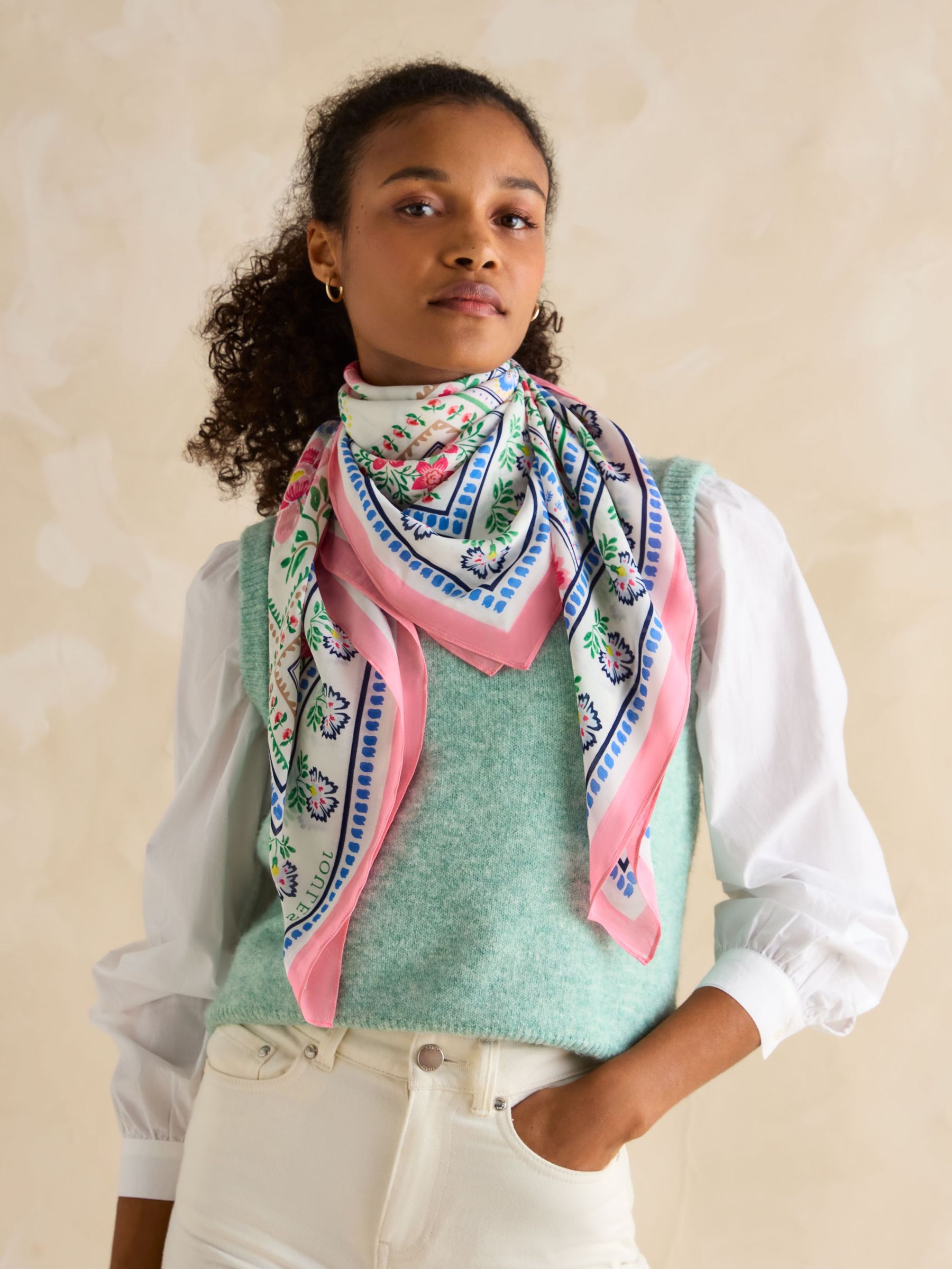 Middleton Cream/Pink/Green Square Viscose Scarf (E01392) | £25