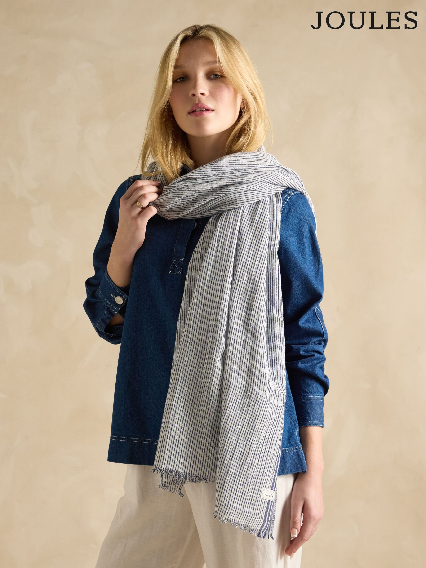 Orla Cream/Navy Lightweight Cotton Scarf (E01406) | £25