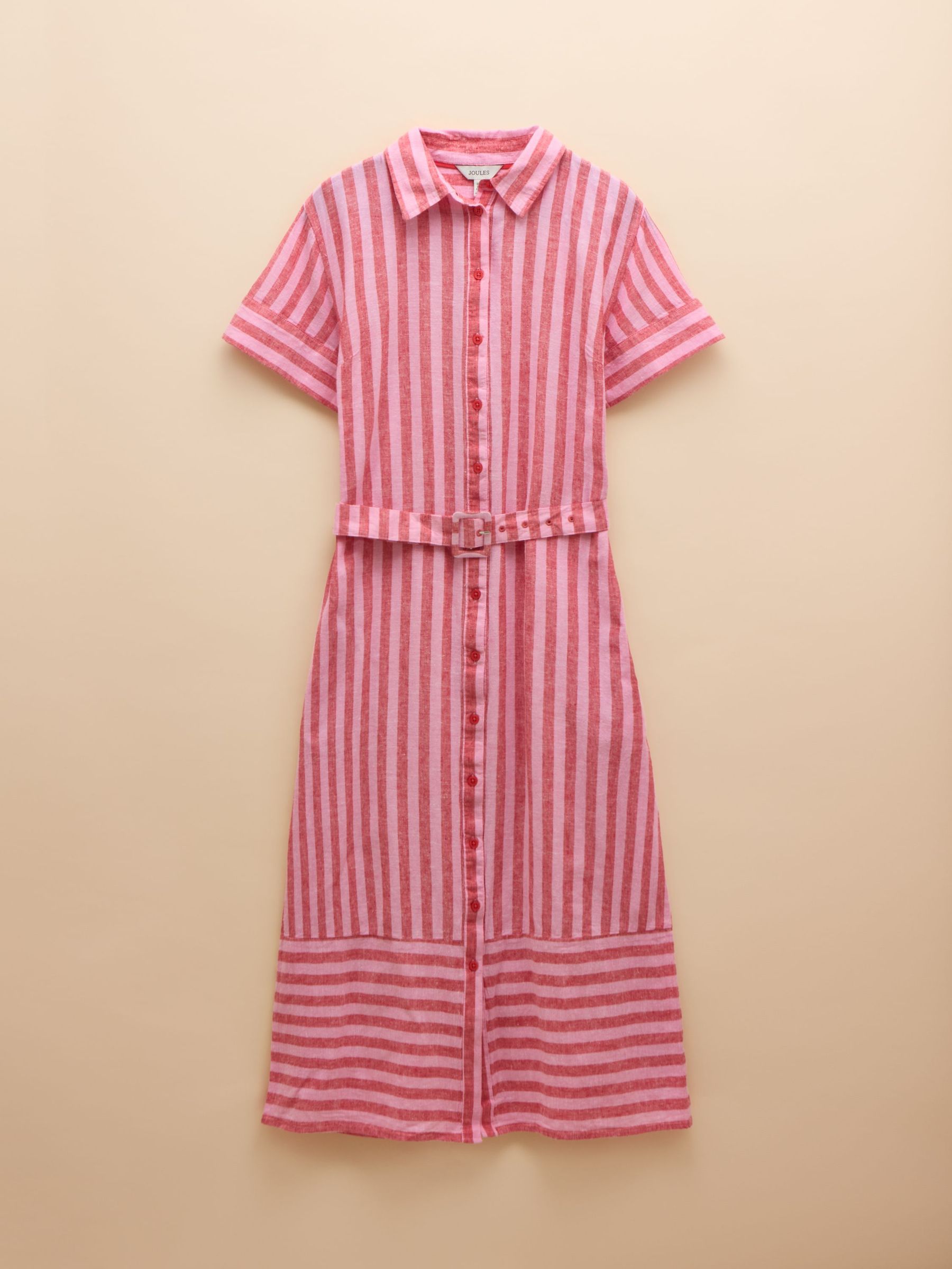 Carrie Red/Pink Stripe Linen & Cotton Belted Shirt Dress