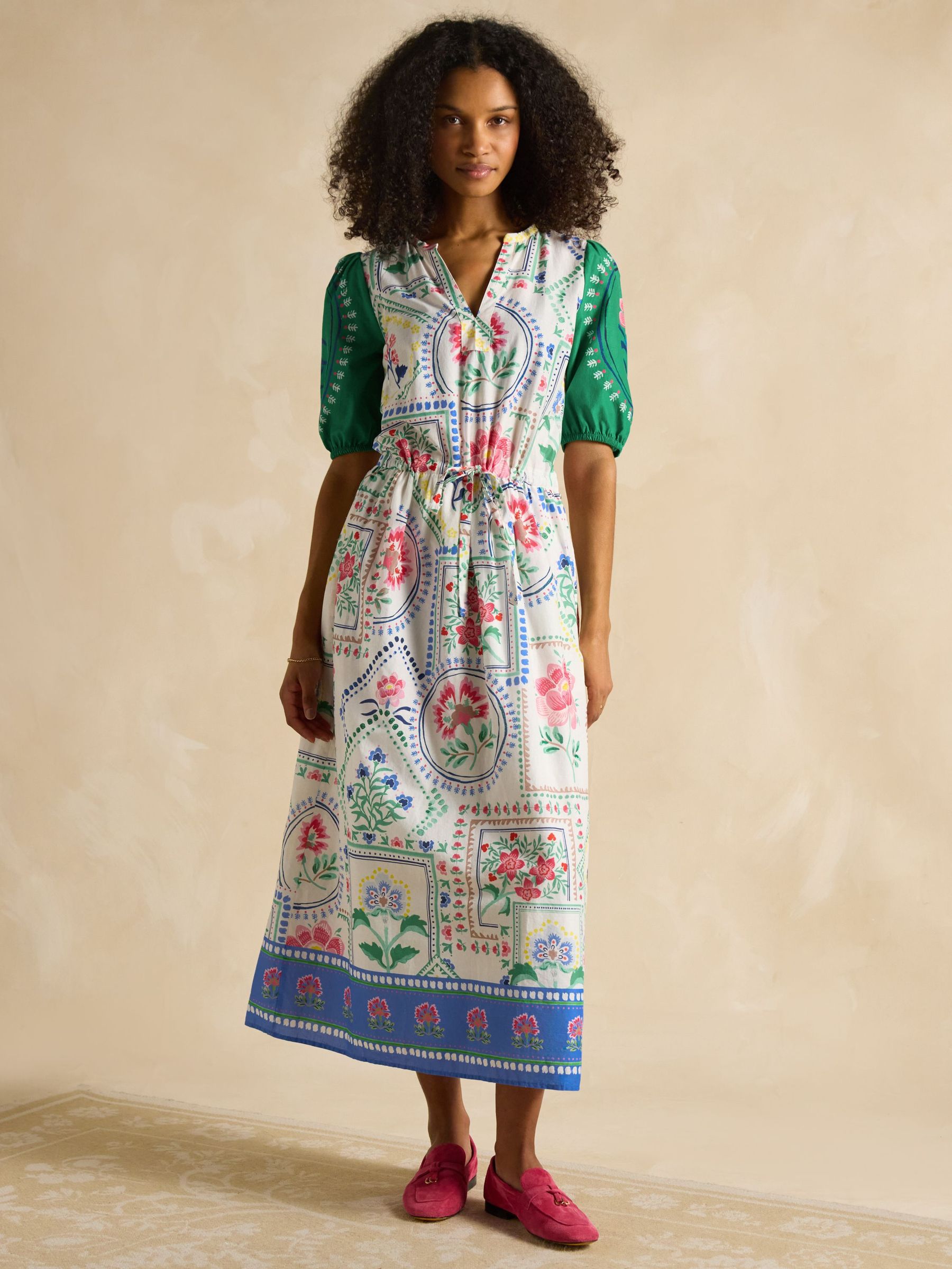 Florence Cream Tile Print Cotton Midi Dress (E01603) | £89