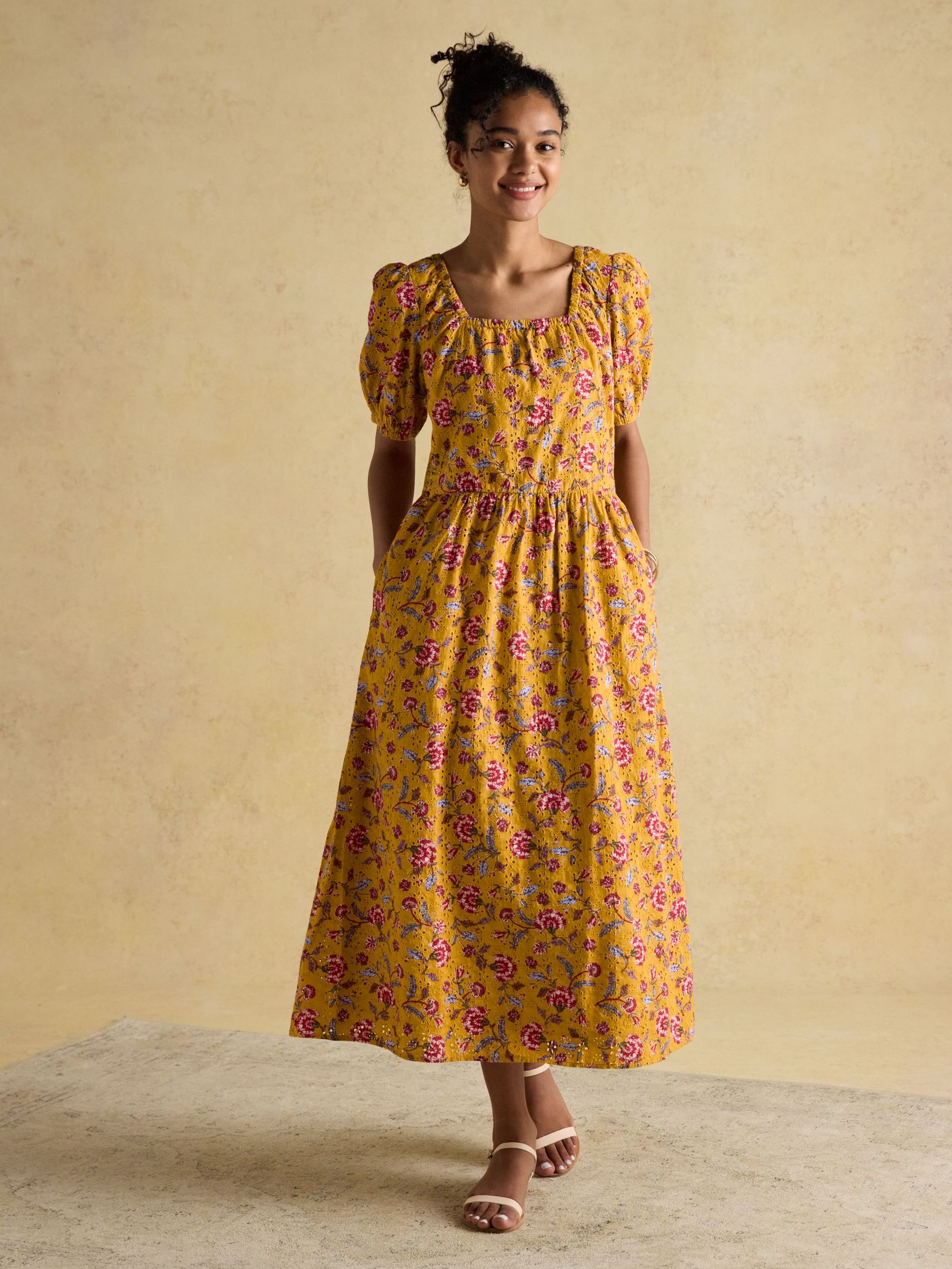 Harlow Yellow Floral Broderie Dress (E01604) | £89