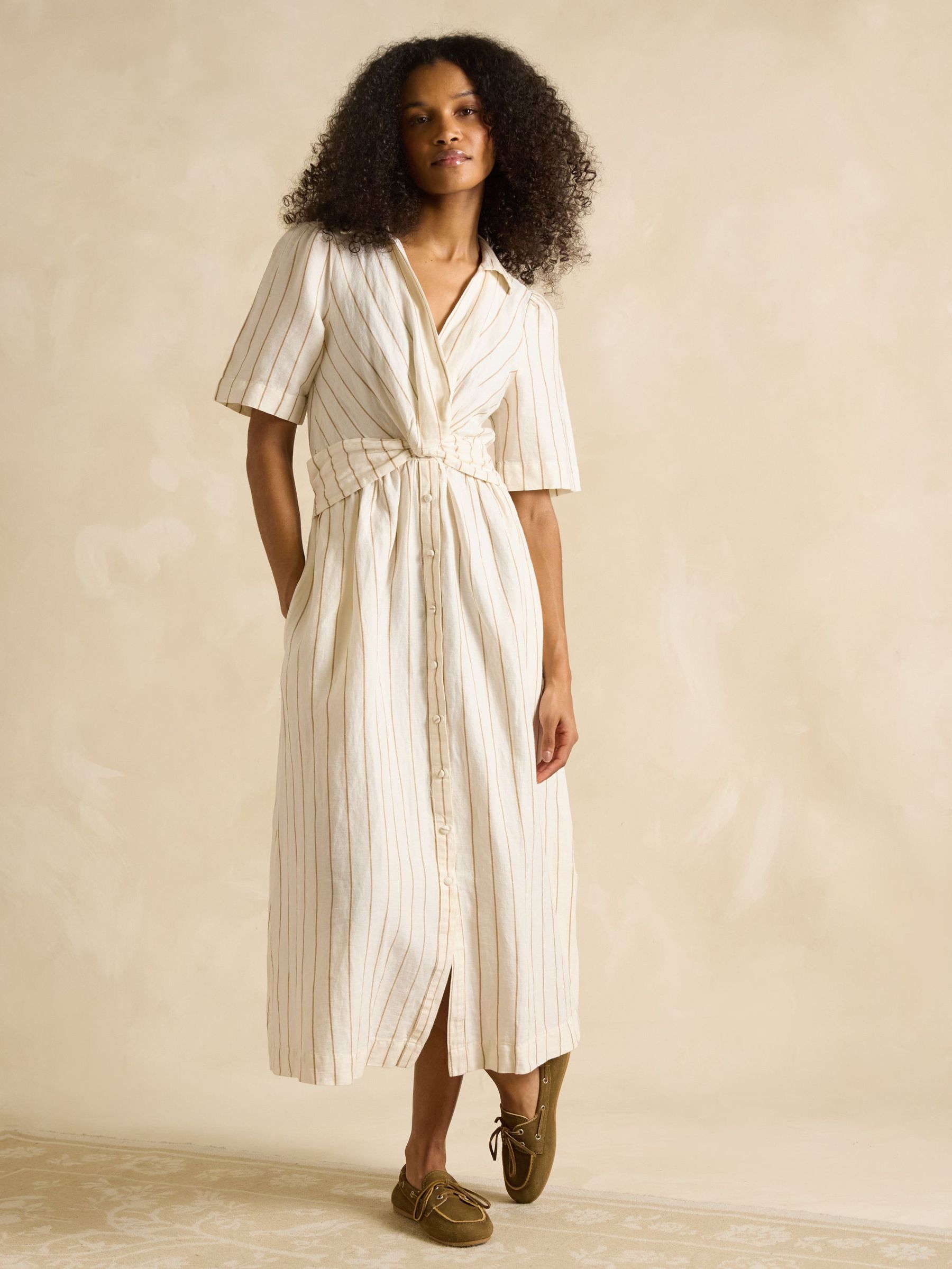 Marina Tan/White Linen Blend Knot Front Dress (E01619) | £99