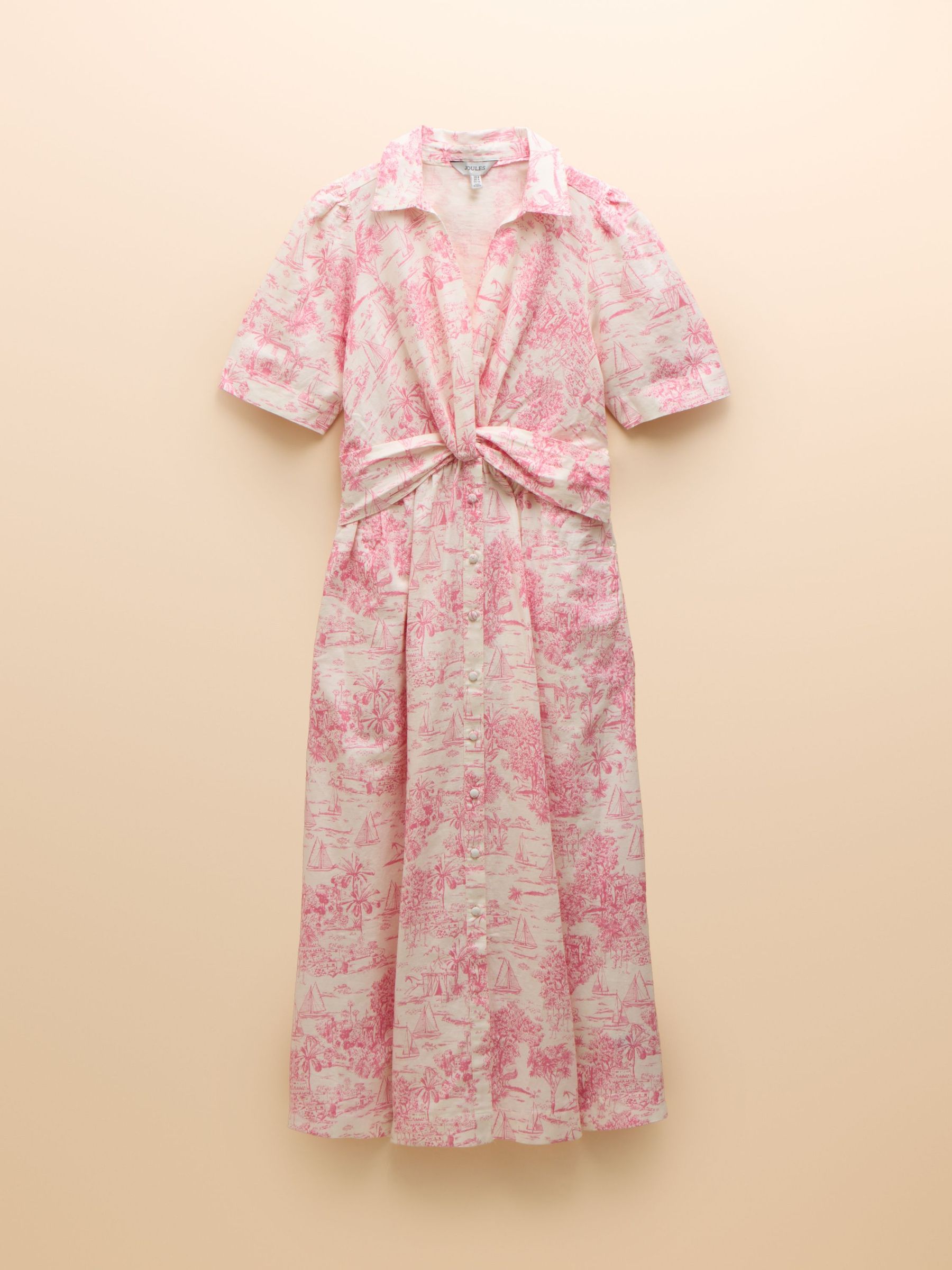 Marina Pink/White Toile de Jouy Linen Blend Knot Front Midi Dress