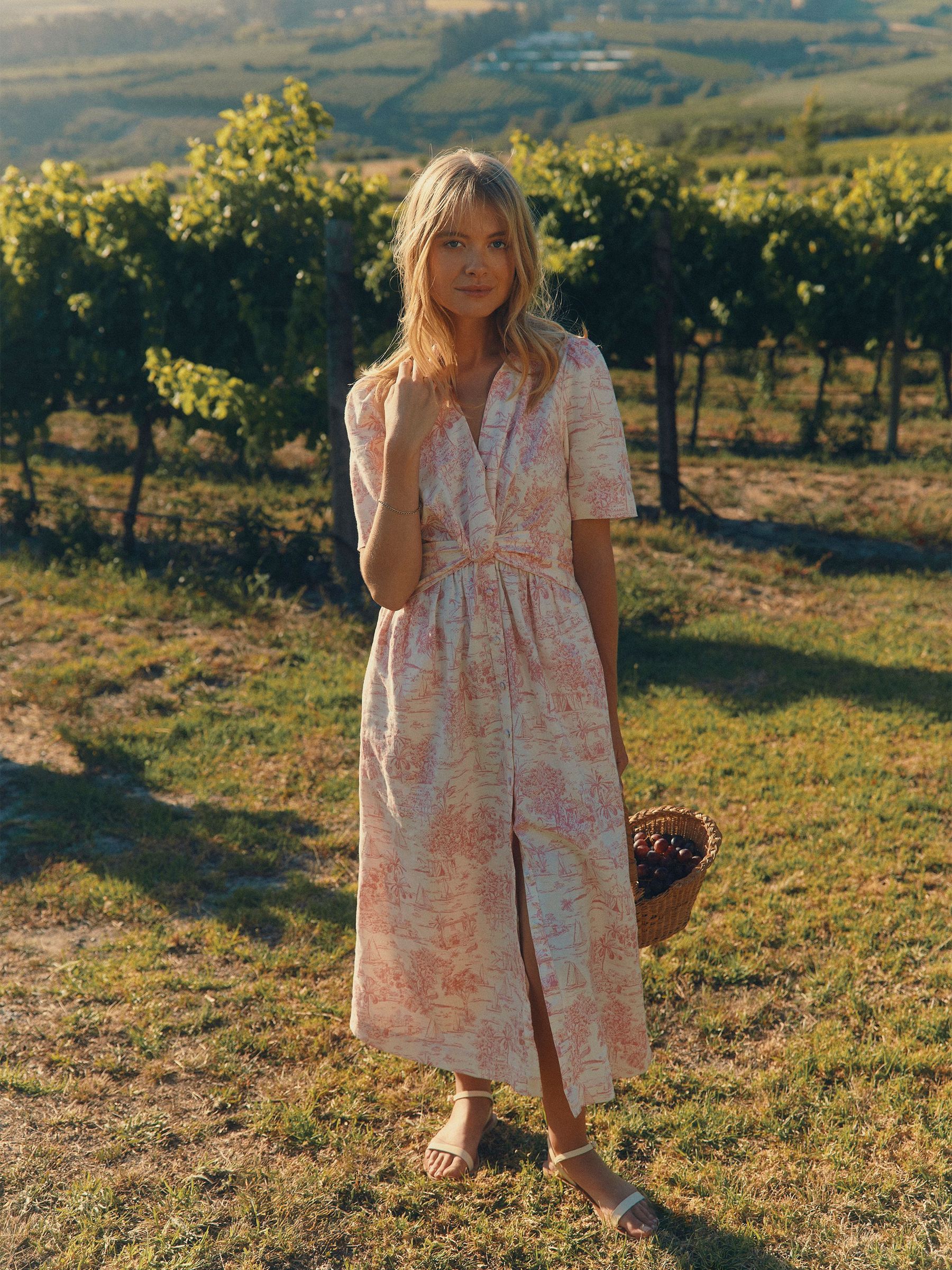 Marina Pink/White Toile de Jouy Linen Blend Knot Front Dress (E01625) | £99