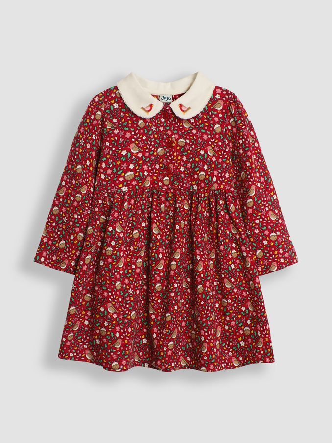 Red Christmas Robin Floral Peter Pan Dress (E01693) | £16