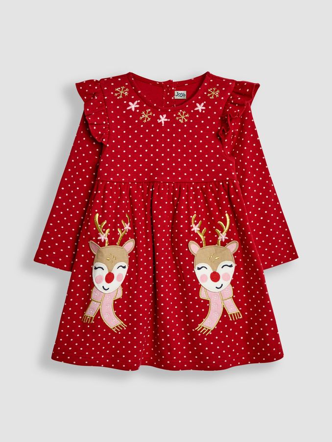 Red Reindeer Appliqué Frill Dress (E01703) | £16