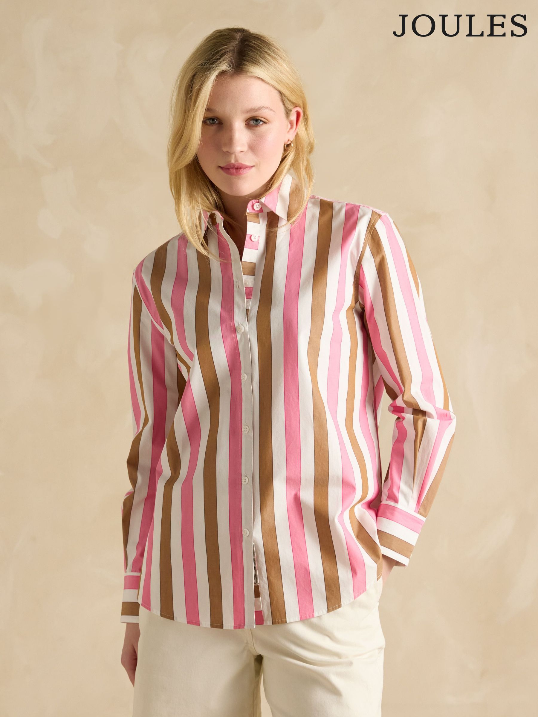 Amilla Pink & Tan Stripe Longline Relaxed Fit Shirt (E01783) | £65