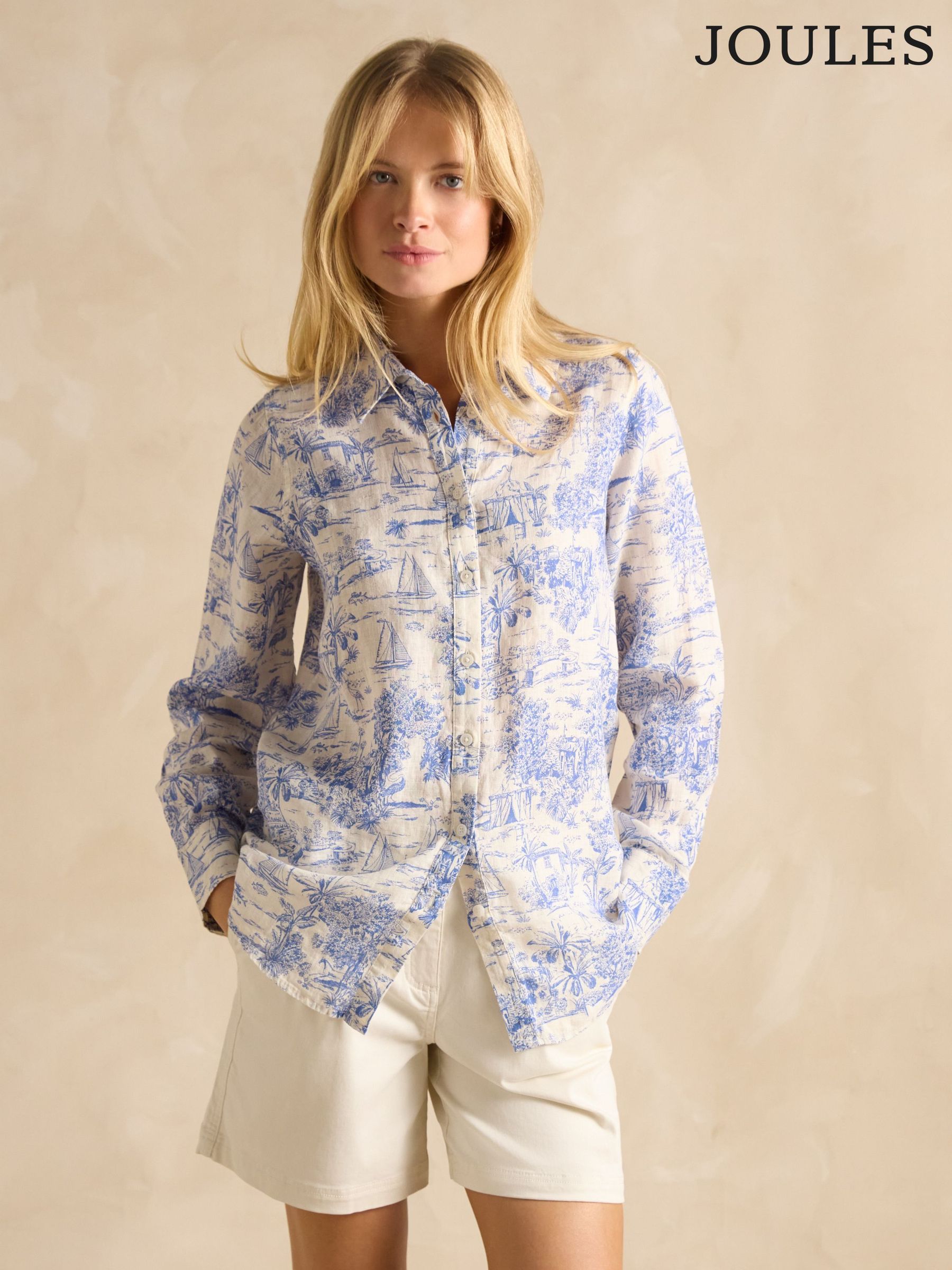 Maeva Blue/White Toile de Jouy Relaxed Fit 100% Linen Shirt (E01787) | £69