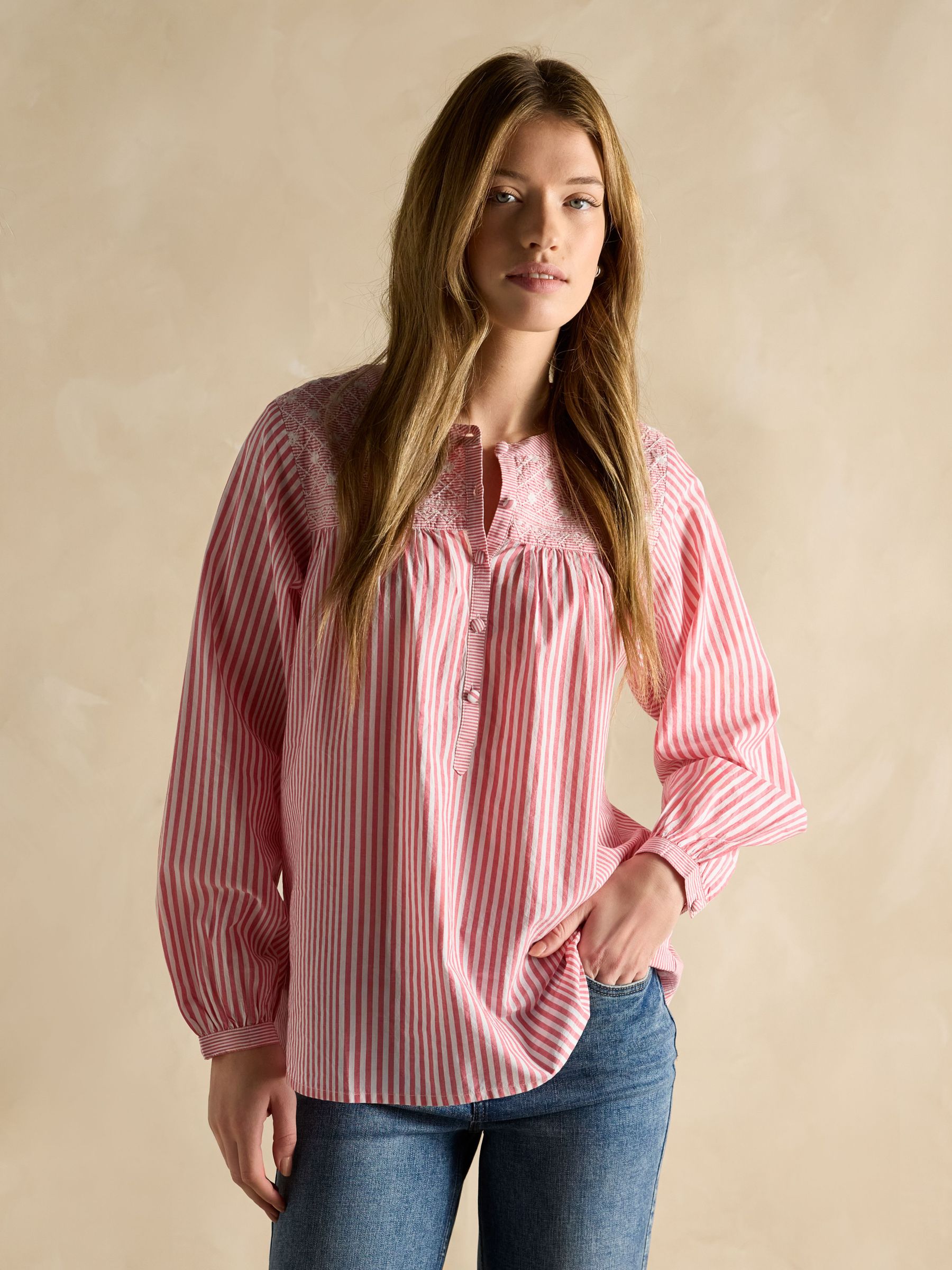 Amelie Red/White Embroidered Cotton Blouse (E01788) | £65