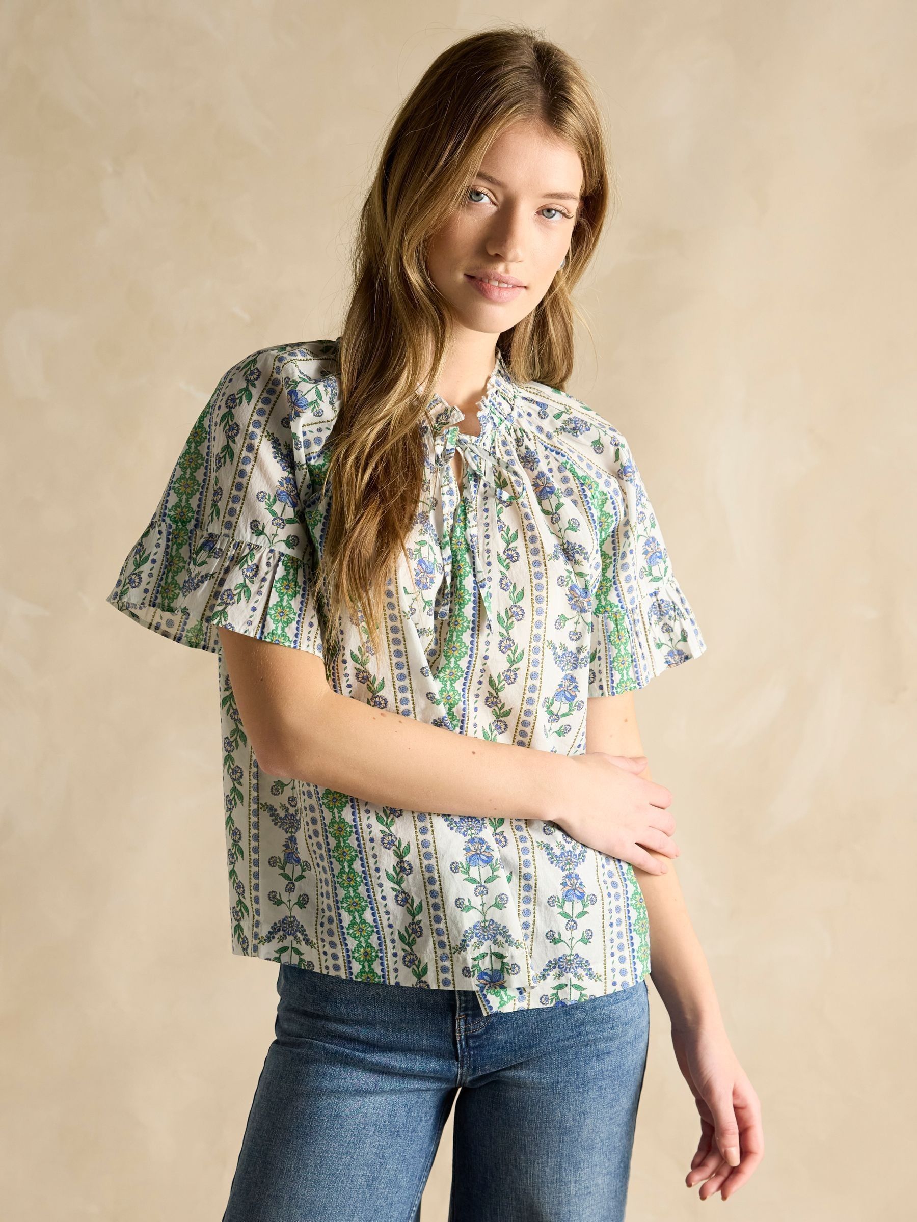 Melissa Blue/Green Short Sleeve Cotton Blouse (E01802) | £45