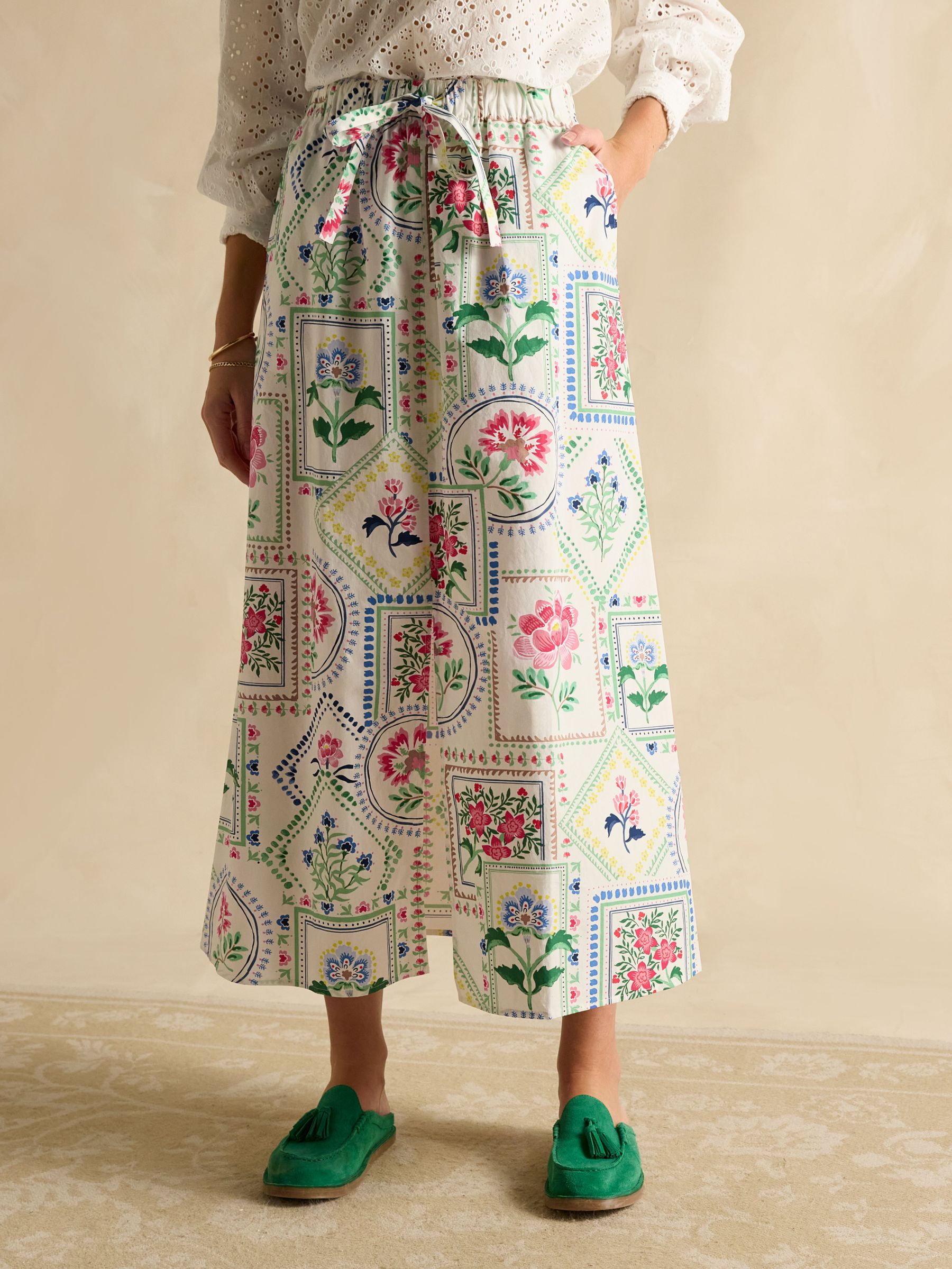 Cream Tile Print Cotton Poplin Midi Skirt (E02221) | £55