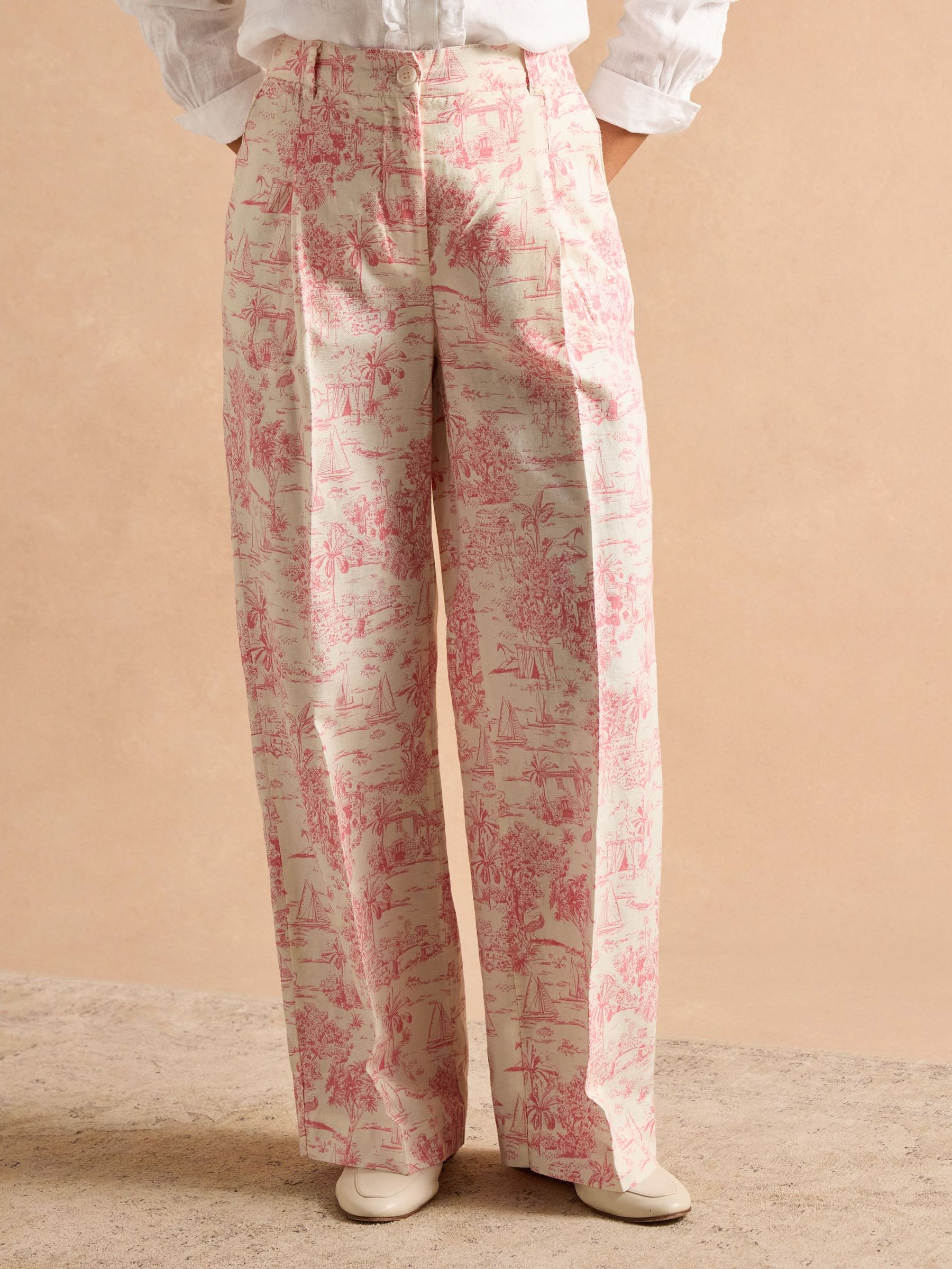 Pink & Cream Toile De Jouy Linen-Rich Trousers (E02237) | £69