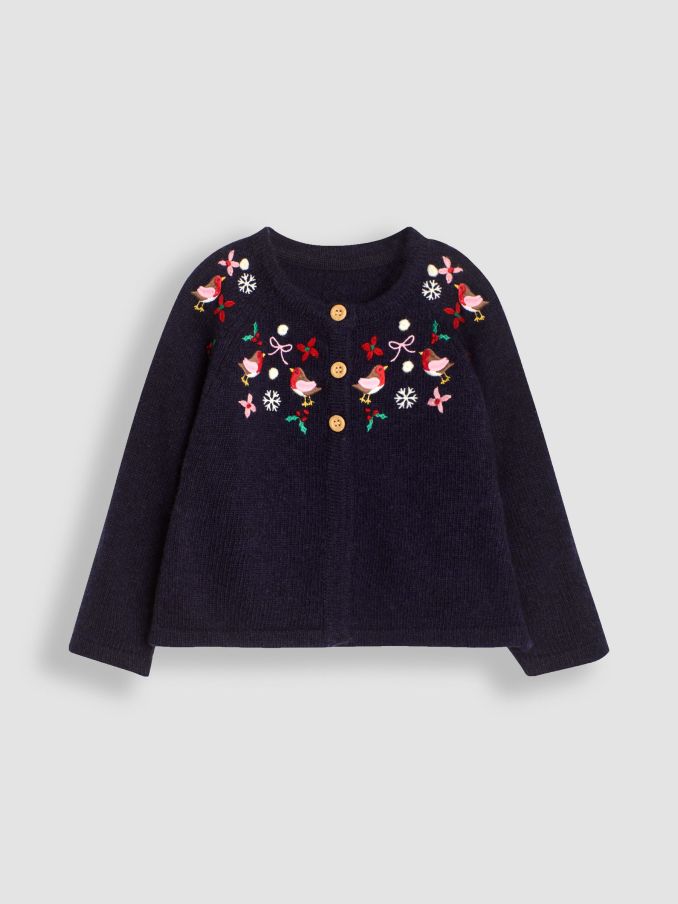 Navy Robin Embroidered Cardigan (E02551) | £15