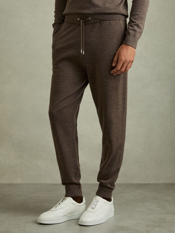 Merino Wool Blend Drawstring Joggers in Dark Brown Melange (E04271) | £77
