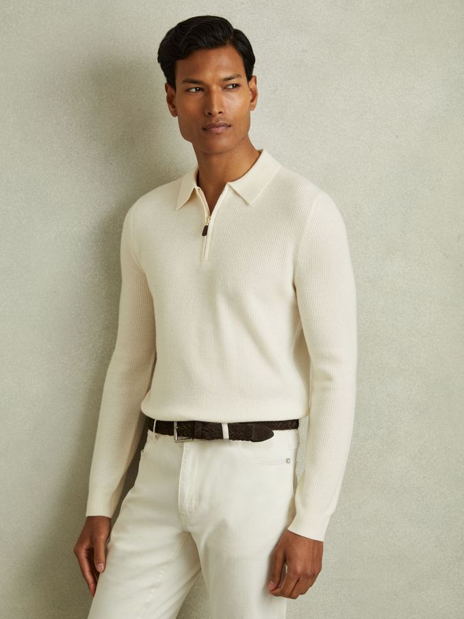Wool Half-Zip Polo Shirt in Off White (E04273) | £71