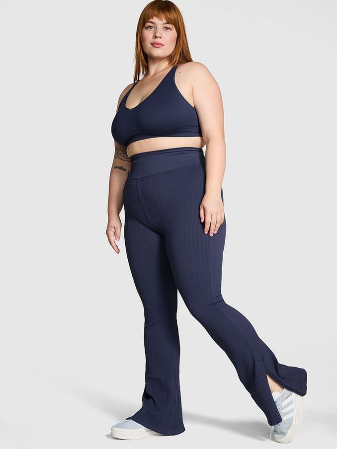 Midnight Navy Blue Seamless Cable Knit High Waist Flare Leggings (E04689) | £45