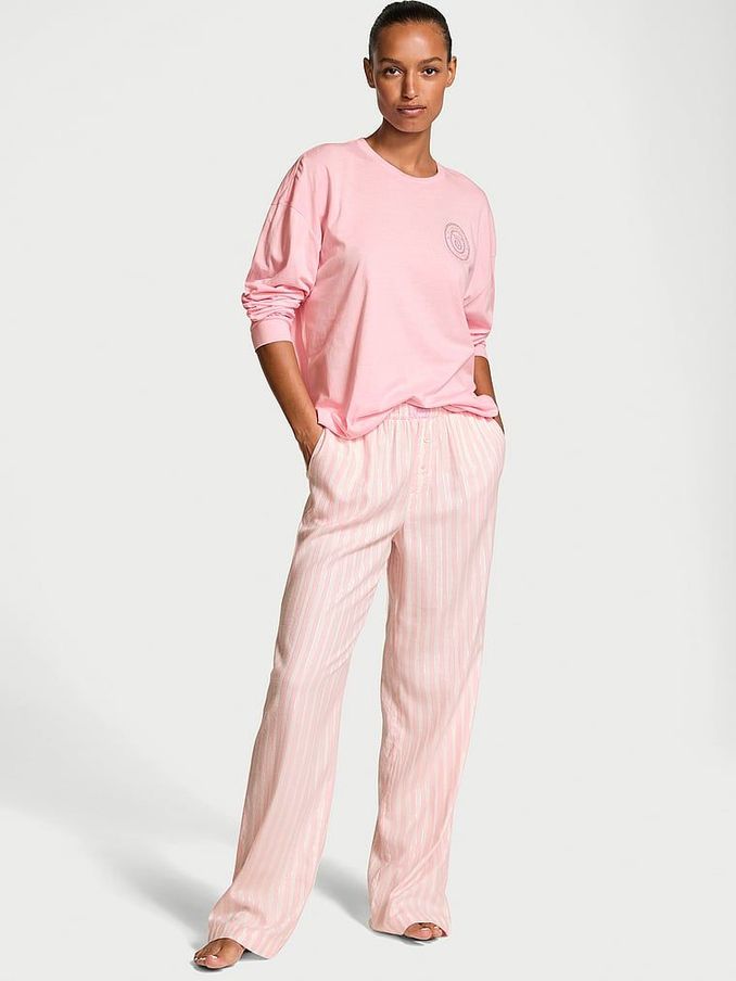 Pretty Blossom Core Stripe Pink Long Sleeve T-Shirt Flannel Pyjama Set (E06061) | £24