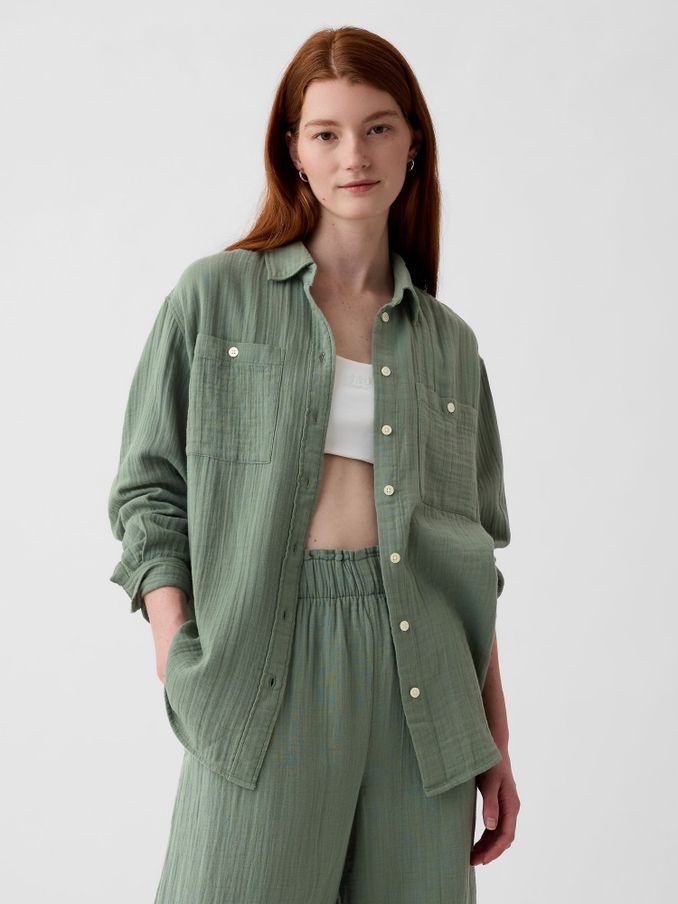 Green Crinkle Cotton Gauze Oversized Shirt (E08159) | £21
