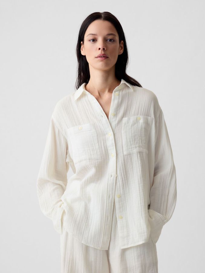 White Crinkle Cotton Gauze Oversized Shirt (E08160) | £21