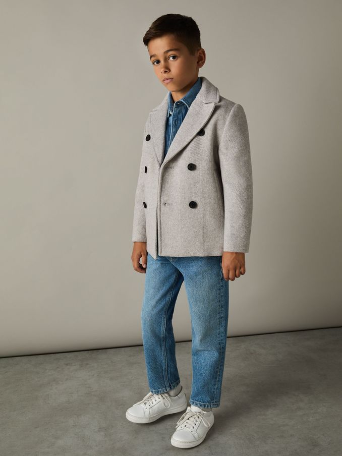 3-9 yrs Wool-Blend Twill Double-Breasted Coat in Soft Grey Melange (E11065) | £98