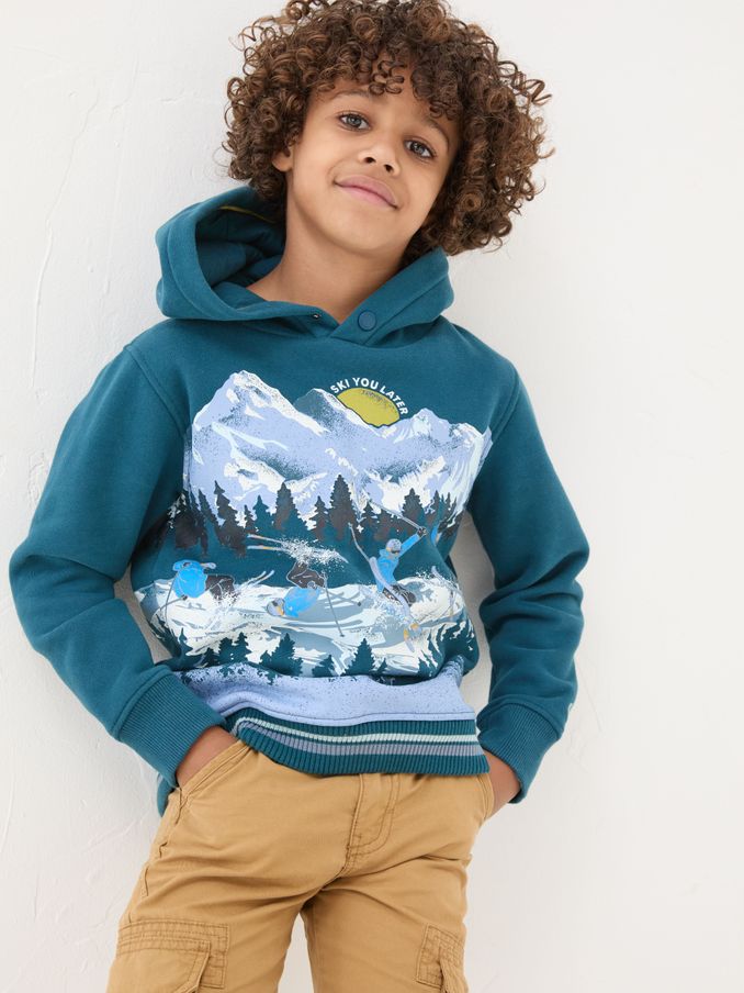 Dark Teal Blue Ski Mountain Popover Hoodie (E11396) | £14