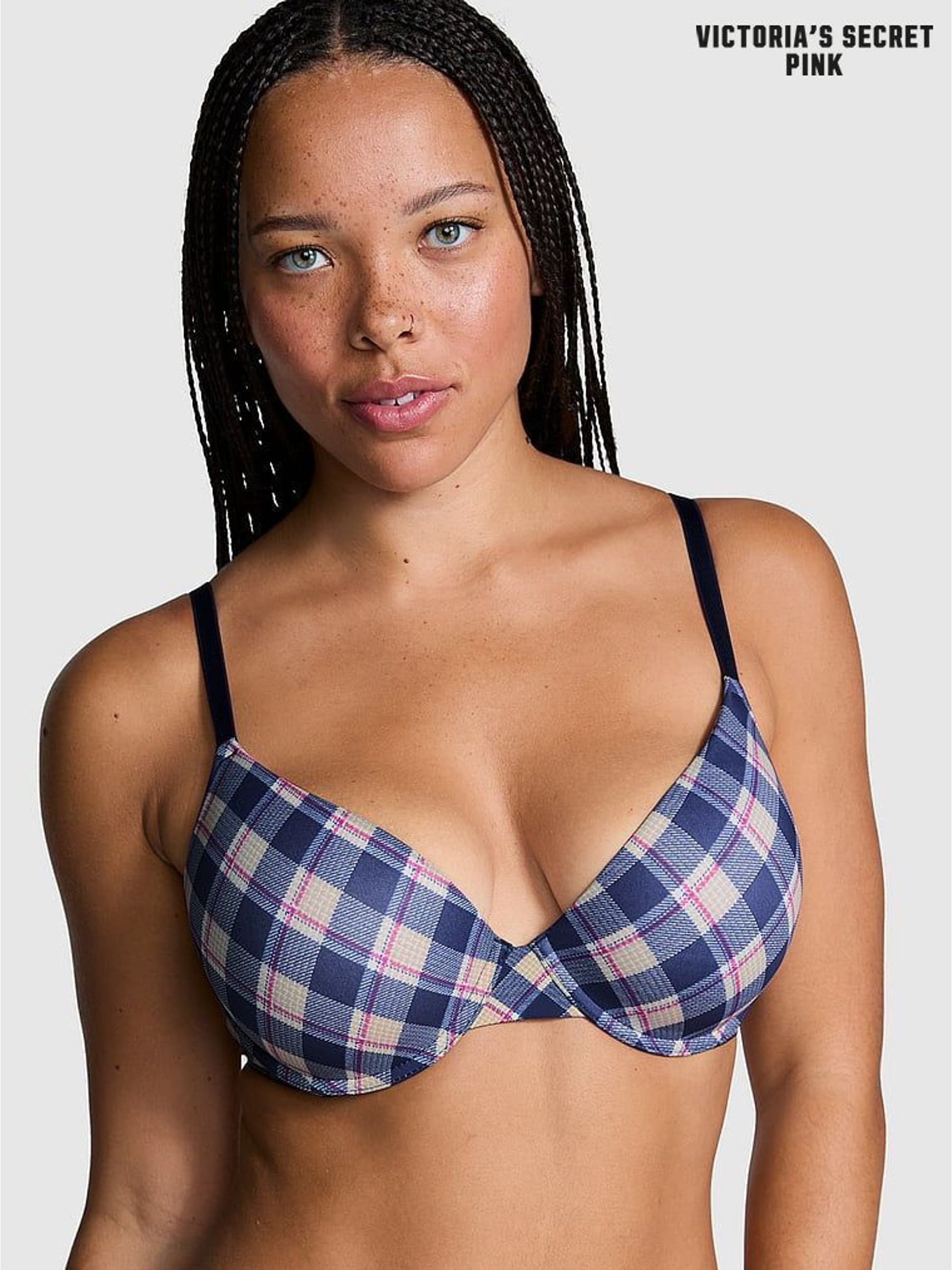 Blue Navy Plaid Print Push Up Bra (E11961) | £29
