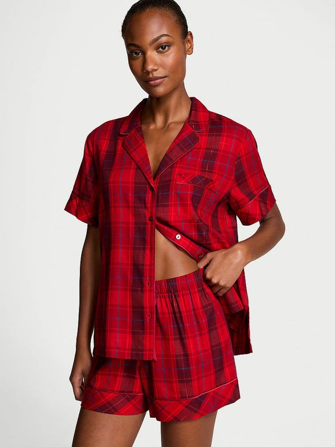 Red Laquer Tonal Plaid Flannel Short Pyjama Set (E11968) | £22